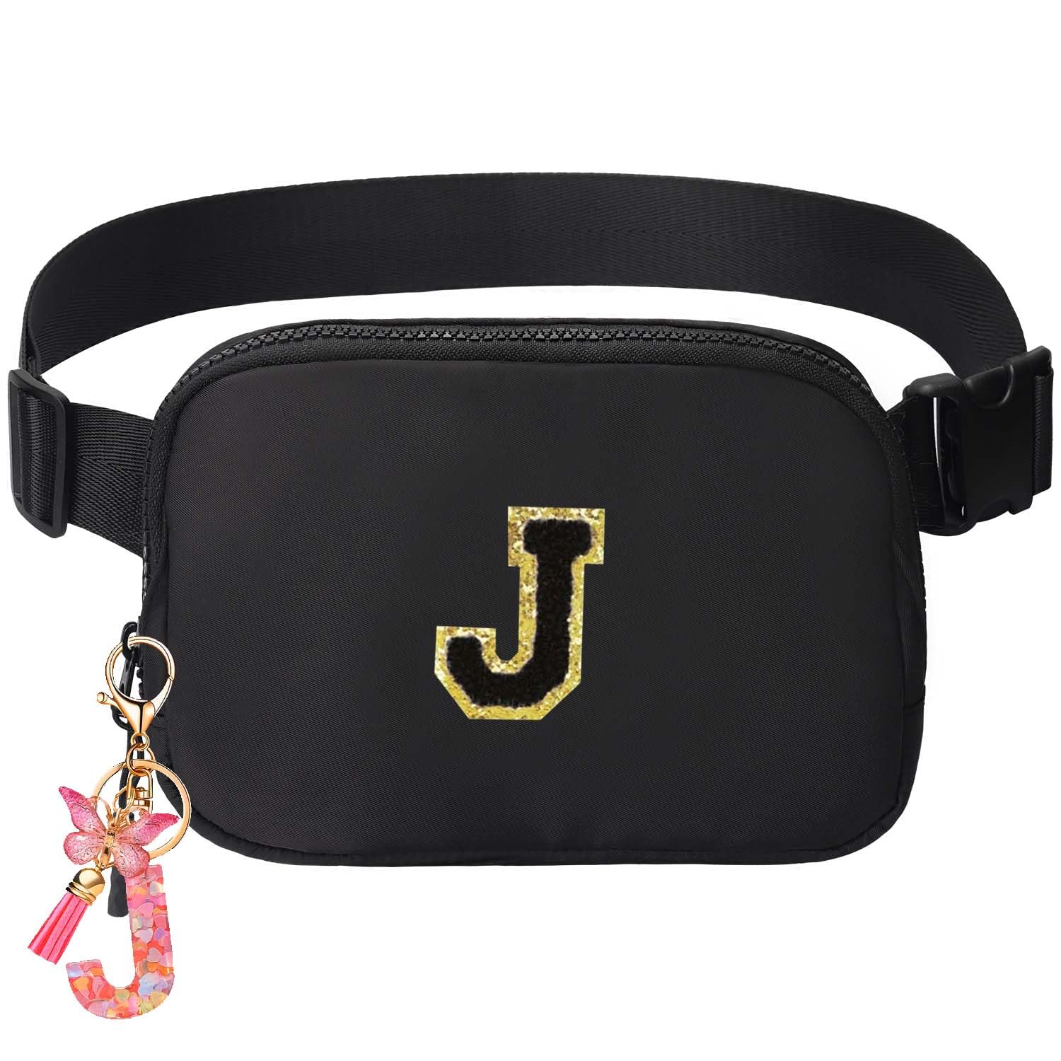 Belt Bag for Girls Gifts - Birthday Gifts for Teenager, Personalized Gifts for Mom Freind Sister Teacher, Graduation GiftsInitial Crossbody Bag Belt Bag for Women Black J