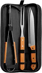 Kit De Churrasco Churasqueiro Faca Garfo e Pegador Com Esojo Conjunto 3 Pçs Cabo De Madeira