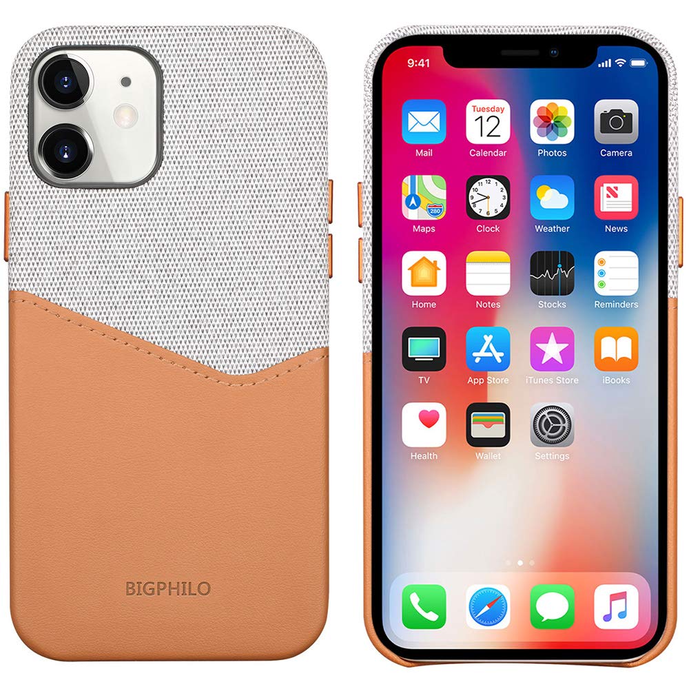 Bigphilo Card Case Compatible with iPhone 12 / iPhone 12 Pro (6.1"), Mix Series Slim Phone Case with Card Holder, (Soft-Touch Fabric + PU Leather) Back Case Cover - Gray/Brown