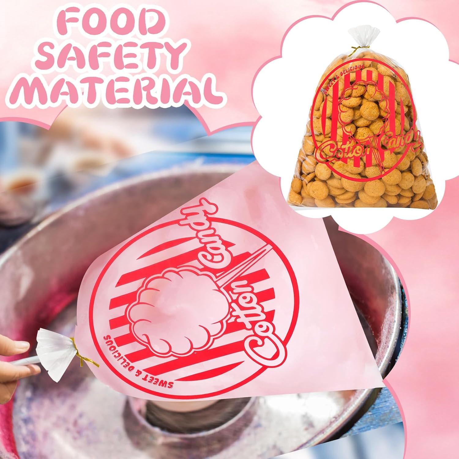 woric 120PCS Cotton Candy Bags with Ties 11.8 x 17.7 Inch Clear Cotton Candy Bags with Print for Carnivals Party Candy Sticks and Cones