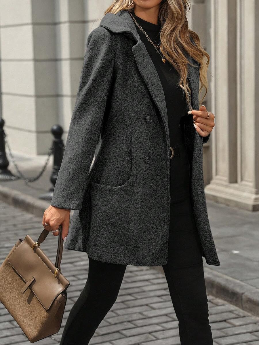 yoeasy Womens Winter Double Breasted Pea Coat Mid Long Wool Coat with Hood Casual Trendy Jacket Outwear