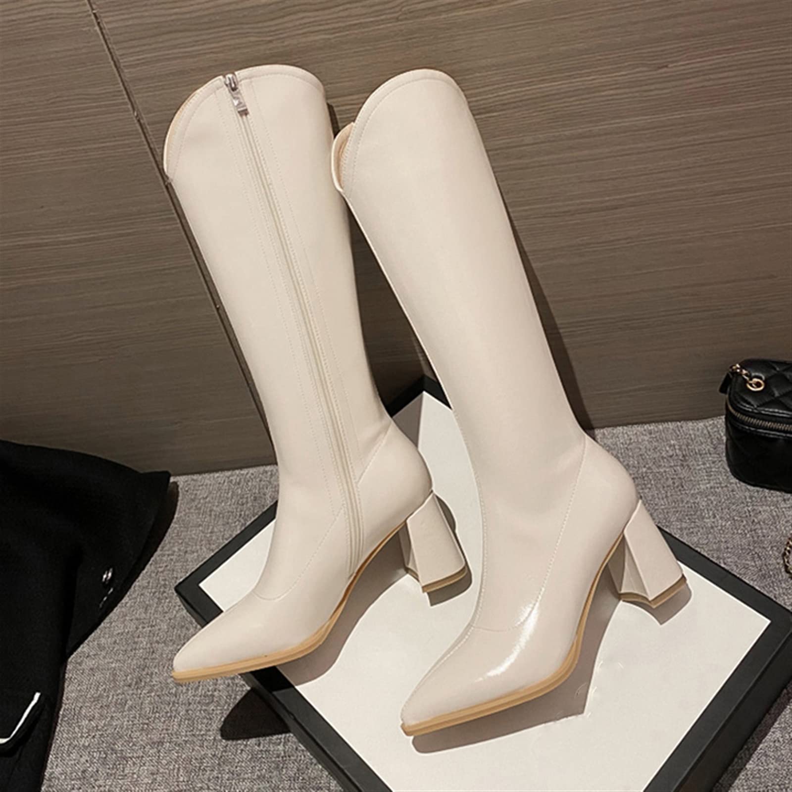 Botas para Mujer Botas hasta la Rodilla de Charol Mujer Cremallera Lateral Zapatos de tacón Grueso Botas largas con Punta Estrecha Botas Altas Blancas Invierno Otoño