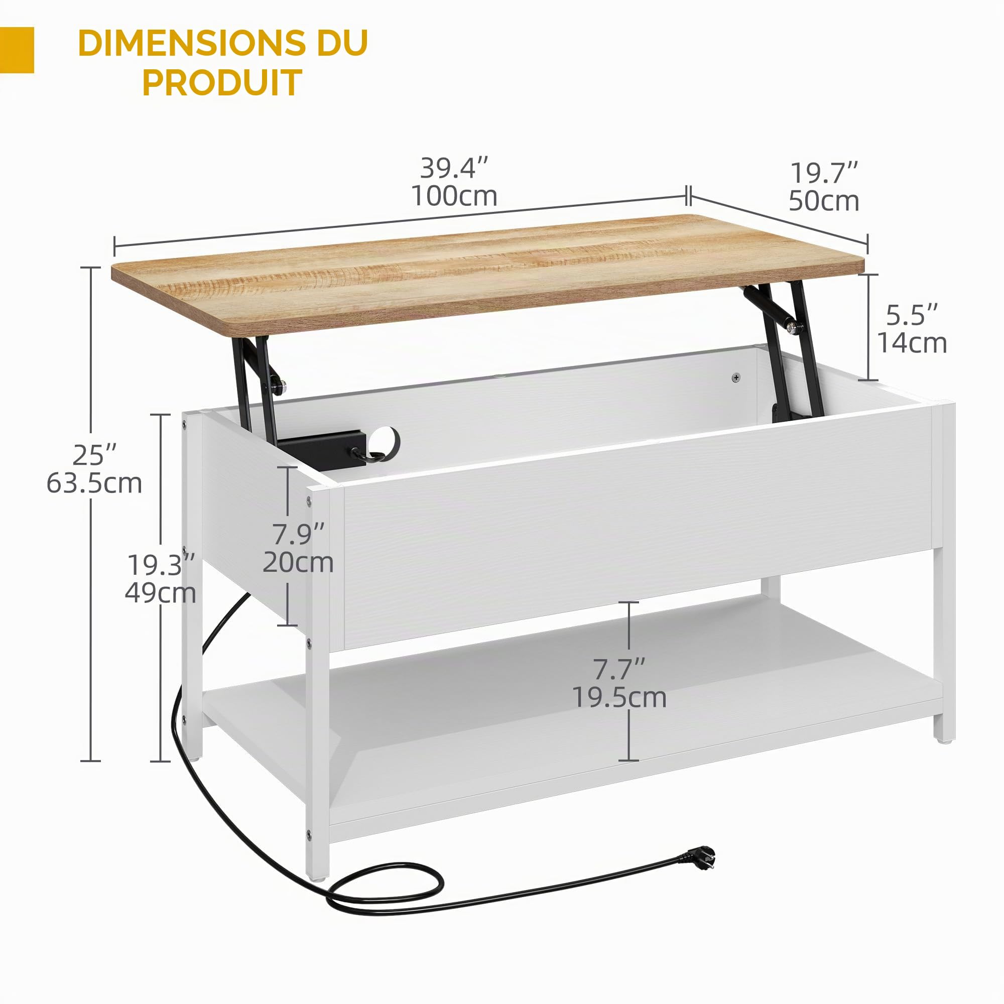 DWVO Table Basse Rectangulaire avec LED et La Prise, Table Basse Salon Relevable Bois et Blanc, Moderne,Style Nordique, 100x50x(49-63,5) cm