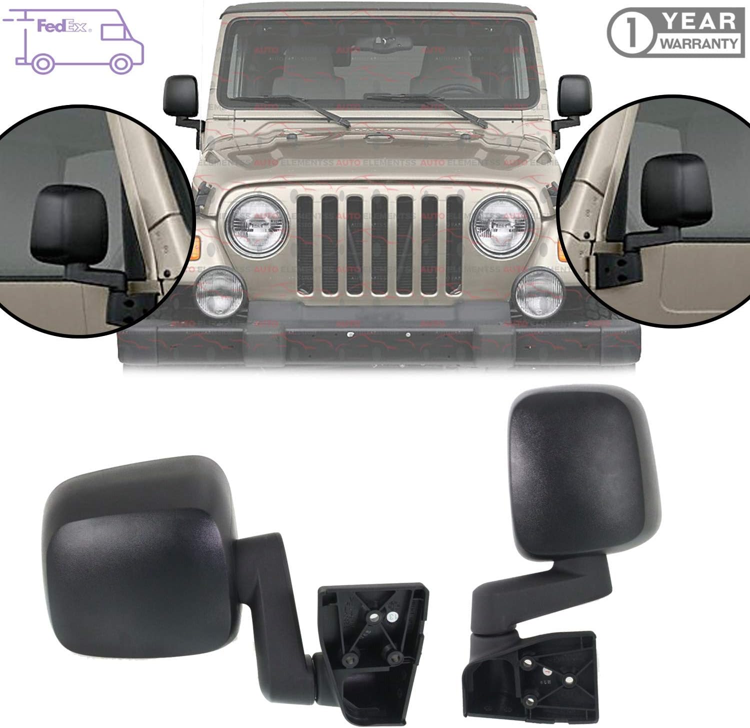 Side View Mirrors Set Manual Folding Non-Heated Textured Black For 2003-2006 Jeep Wrangler (TJ) Direct Replacement