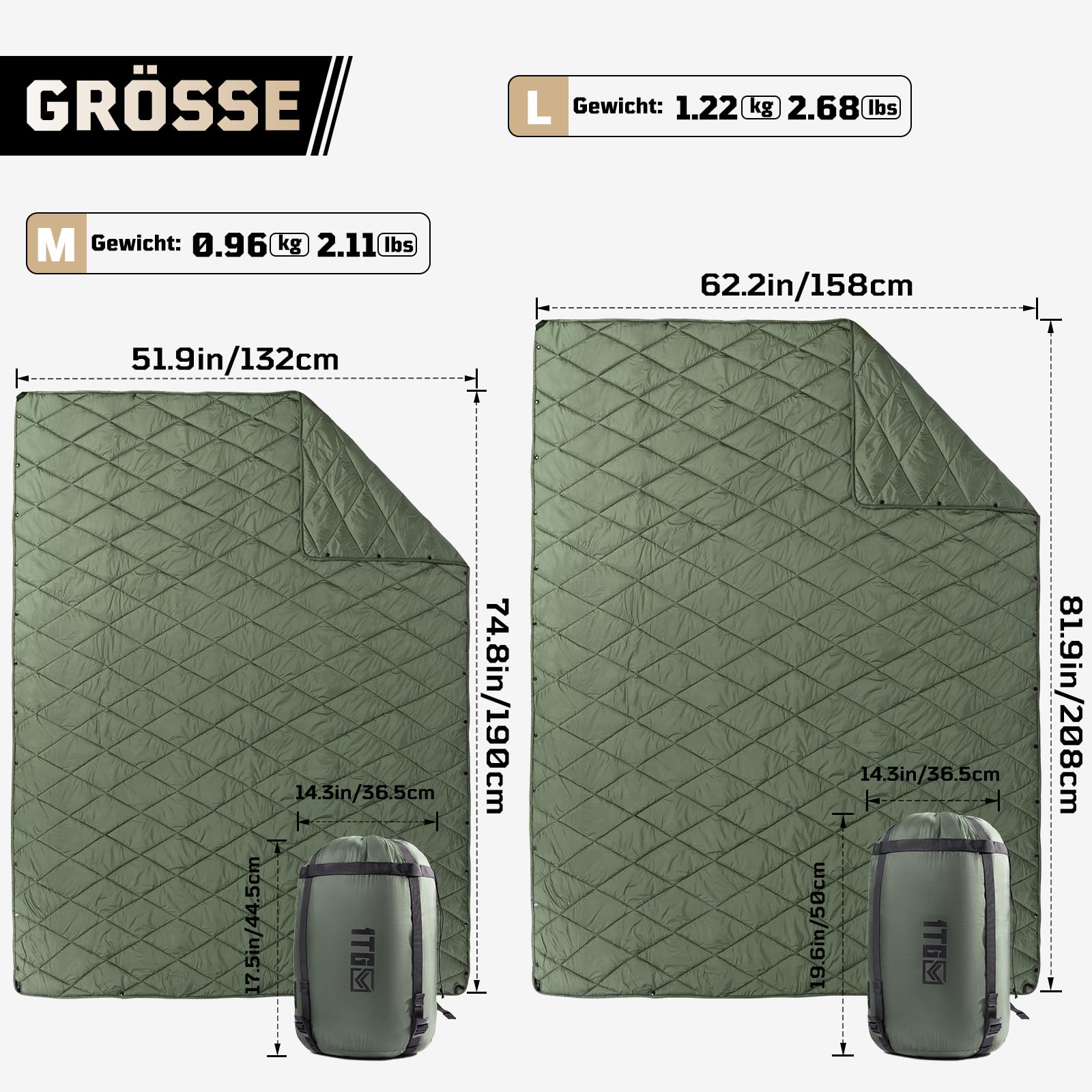 1TG Tactical Camping Decke, Outdoor Decke Ultraleicht,Campingdecke Wasserabweisend Kompakt für Wandern, Auto, Angeln, Camping, Büro (M -190x132CM L-158x208CM)