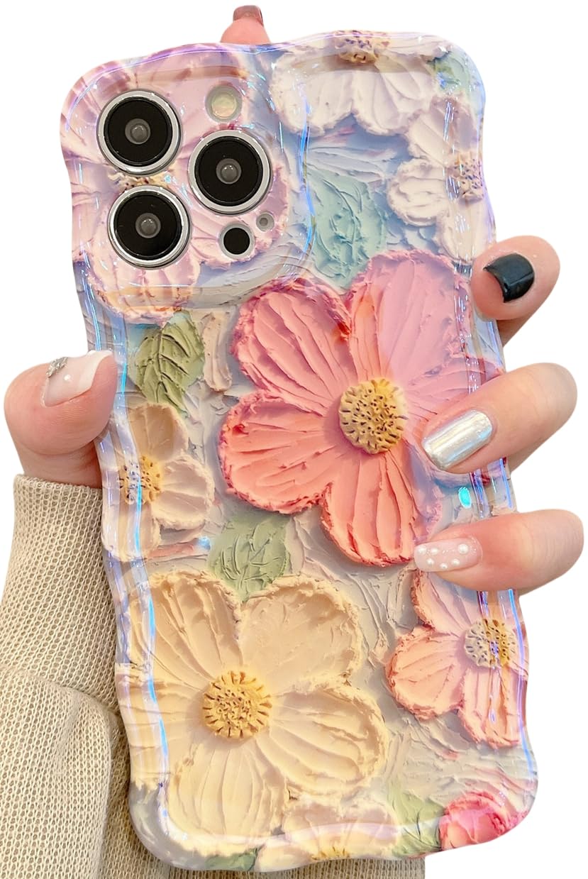 Amytor for iPhone 11 Pro Max Case, Colorful Retro Oil Painting Printed Flower Laser Glossy Pattern Cute Curly Wave Edge Exquisite Phone Cover Stylish