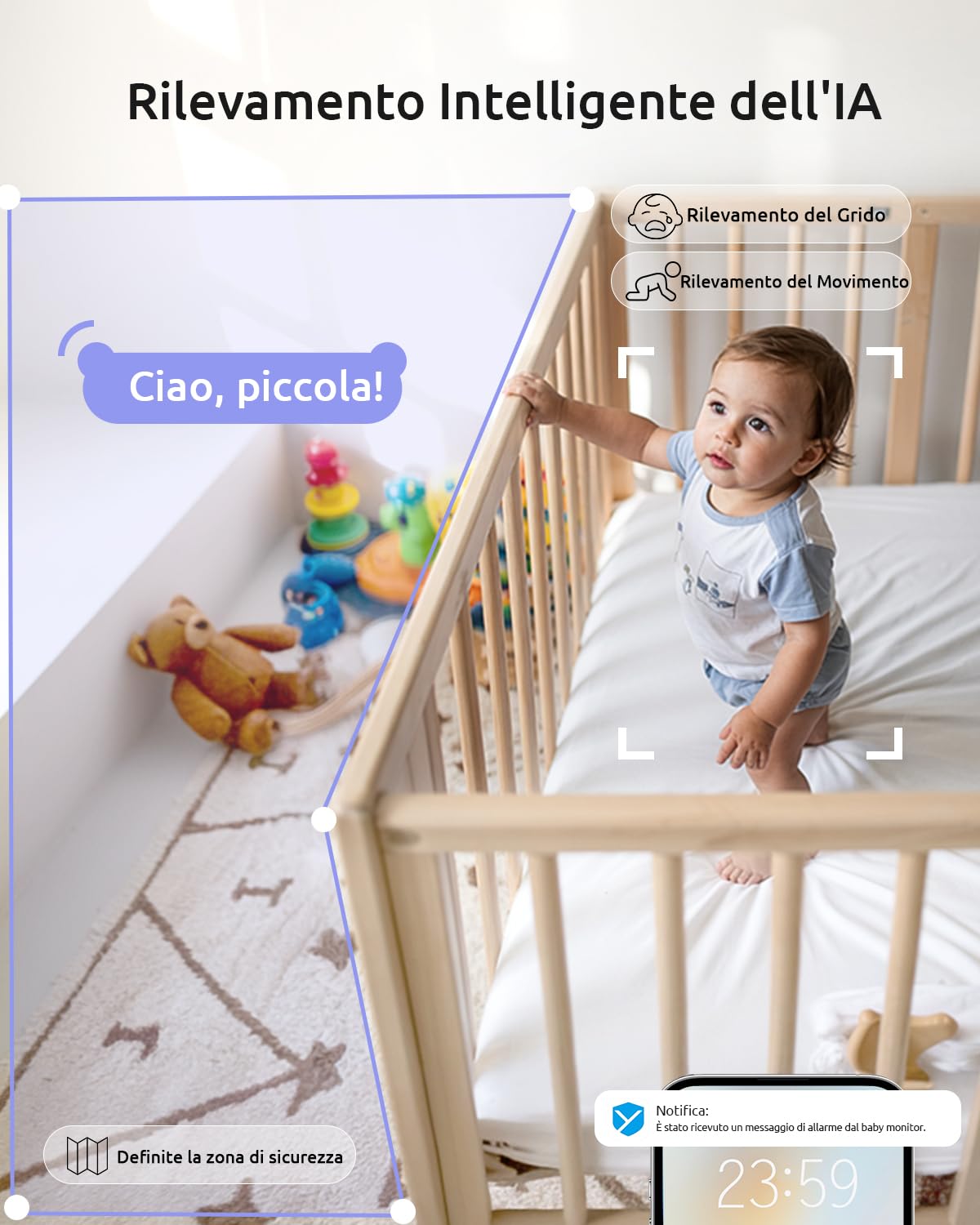 Baby Monitor con Telecamera 2K e Monitor 5'', Doppio Controllo tramite Monitor e App, Connessione Senza WiFi fino a 300m, WiFi 2.4G, Visione Notturna a Colori, IR Invisibile 940nm, Cloud/SD