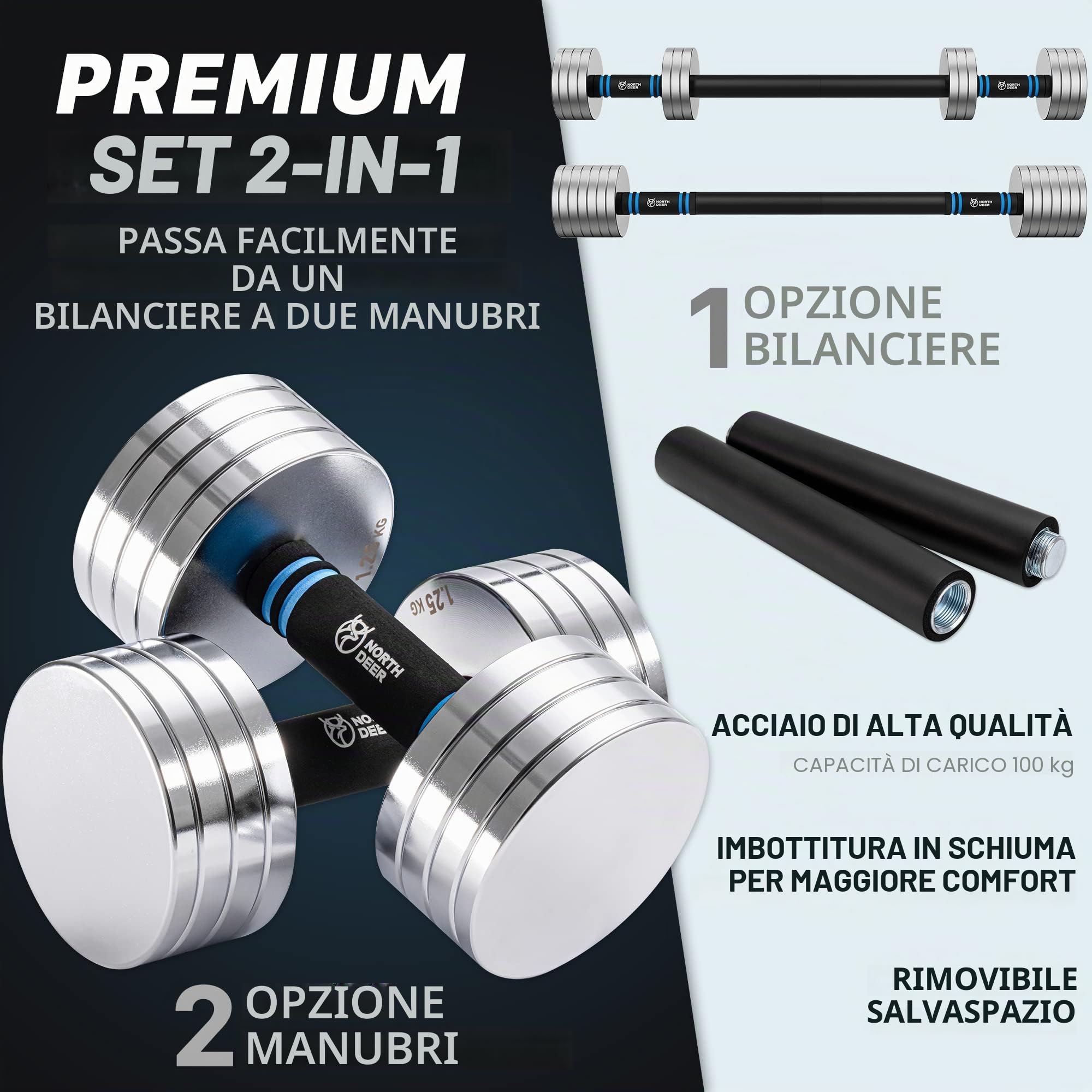 Northdeer Set di manubri corti regolabili 2 in 1, in acciaio, 10 kg, set da 2 pezzi, pesi ultra compatti, 2,5 kg, 3 kg, 5 kg, 5,5 kg, 7,5 kg, 8 kg, 10 kg, con barra di collegamento, per fitness