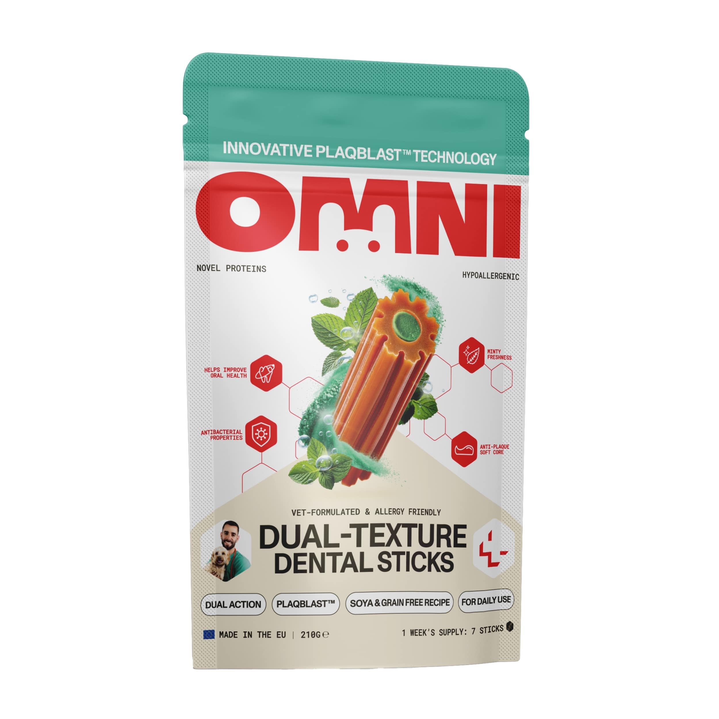 Omni Dental Sticks for Dogs - Dual Texture with PlaqBlast™ Technology, Natural Plaque Remover with Toothpaste-like Anti-Plaque Core, Vet Formulated Hypoallergenic, Soya & Grain Free, 7 Sticks