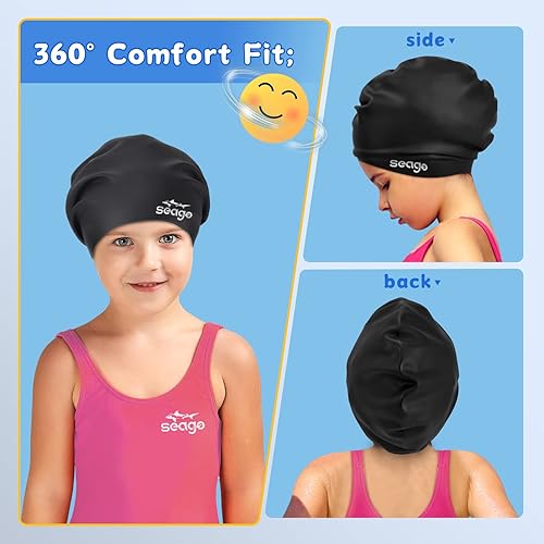 Miniatura 6 de Seago Gorro de natación de pelo largo para niños y jóvenes, de silicona, impermeable, para niñas y niños
