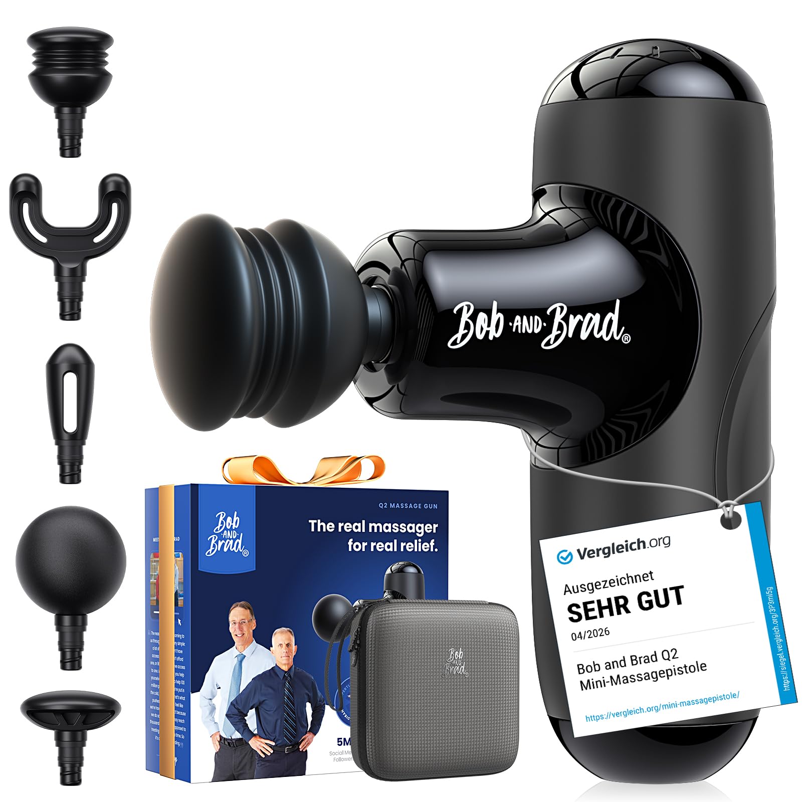 BOB AND BRAD Q2 Mini Massagepistole, Tiefengewebe Percussion Massagegerät mit 5 Aufsätzen & Koffer, Elektrische Massage Gun für Rücken & Beine, Ultra-Leise & Klein, Ideal für Büro & Sport