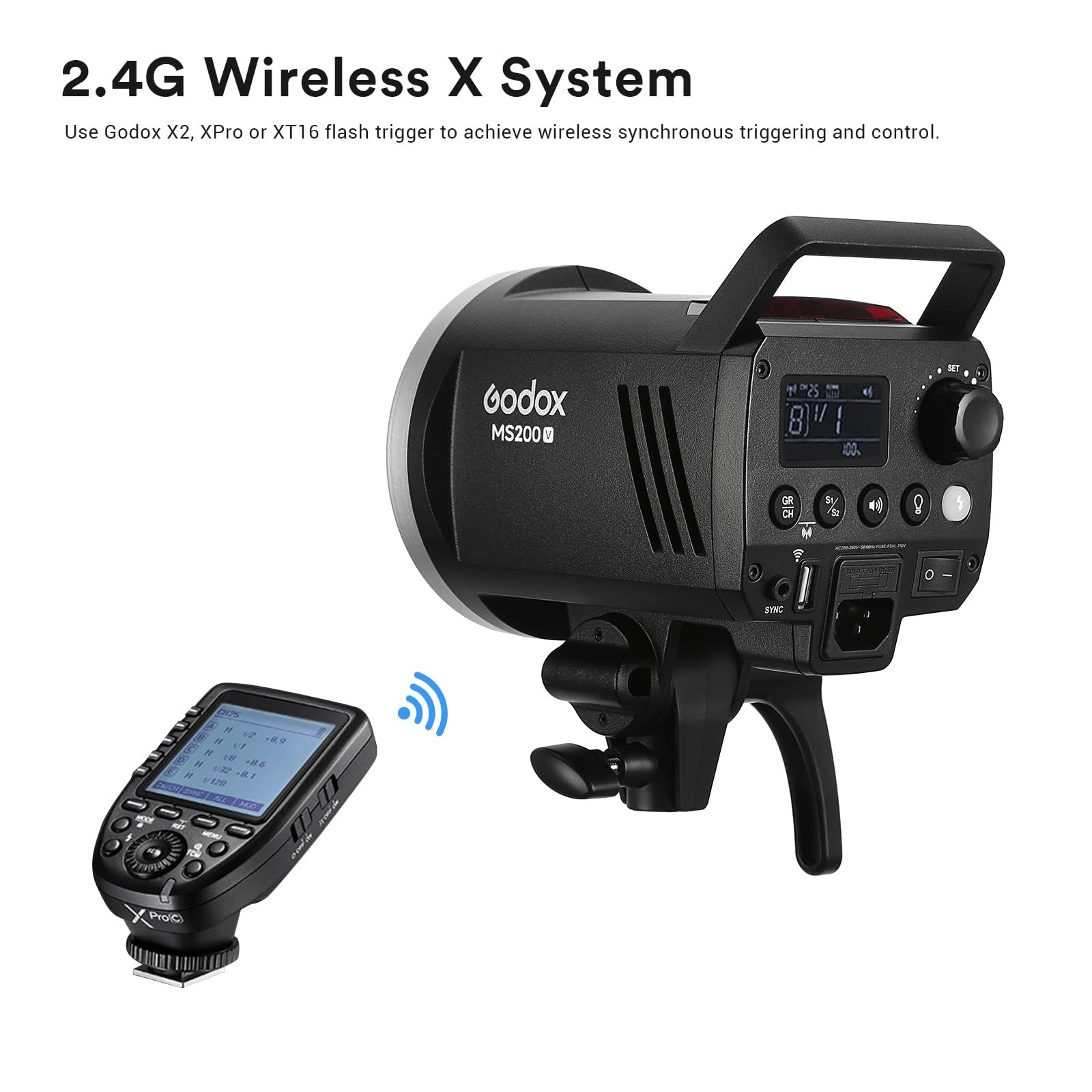 Godox MS200V Compact Studio Flash 200W GN53 5800K 2.4G, Tempo di Riciclaggio 0.1-1.3s, Bowens Mount, con Regolabile LED Modellabile Lampada (MS200)
