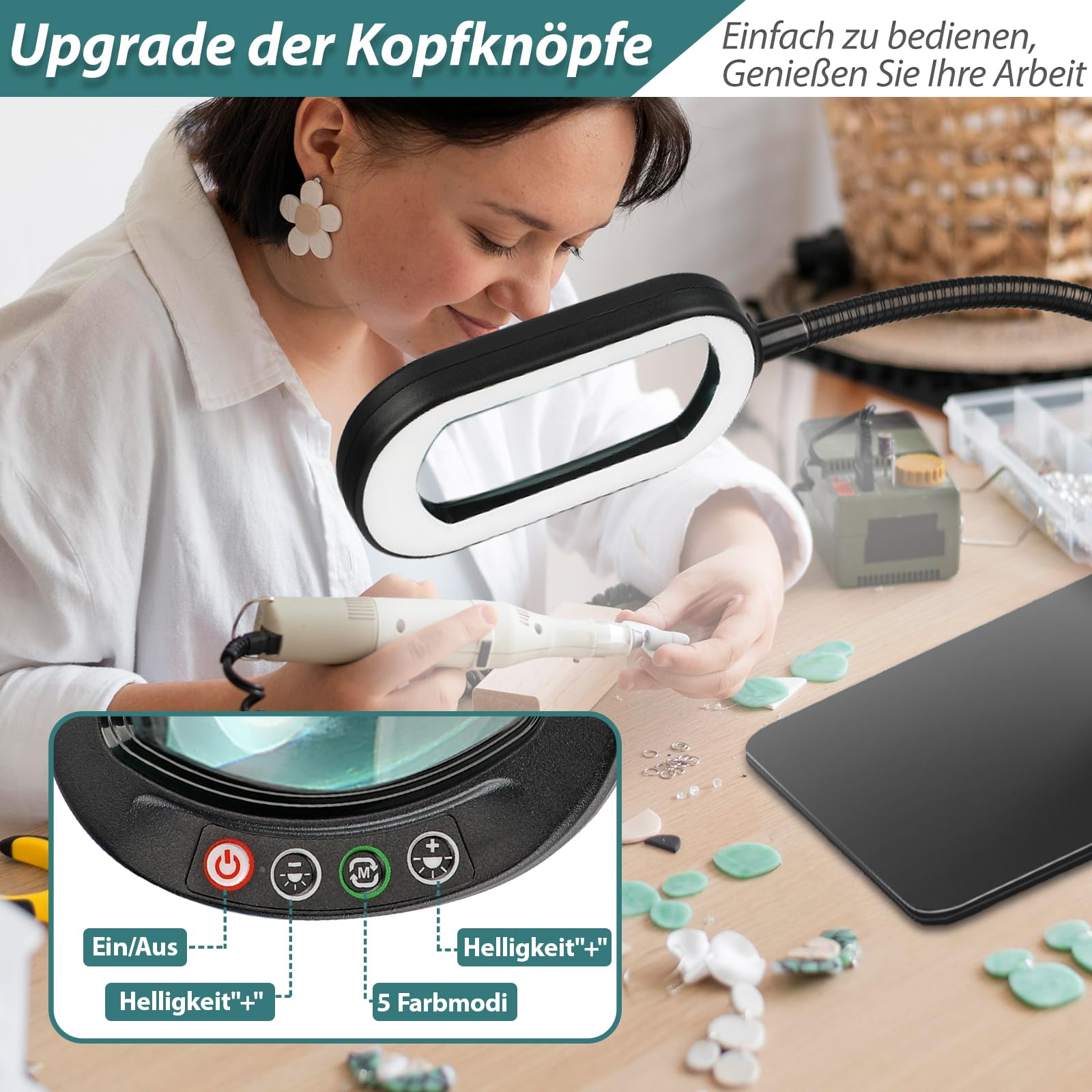 Drdefi 10X Rectangle Lupe mit Licht und Ständer, Echtes Glas Lupenlampe, 5 Farbmodi Stufenlos Dimmbar, Flexible Schwanenhals LED Beleuchtete Schreibtischlampe, Freihändige Lupenleuchte für Lesen Hobby