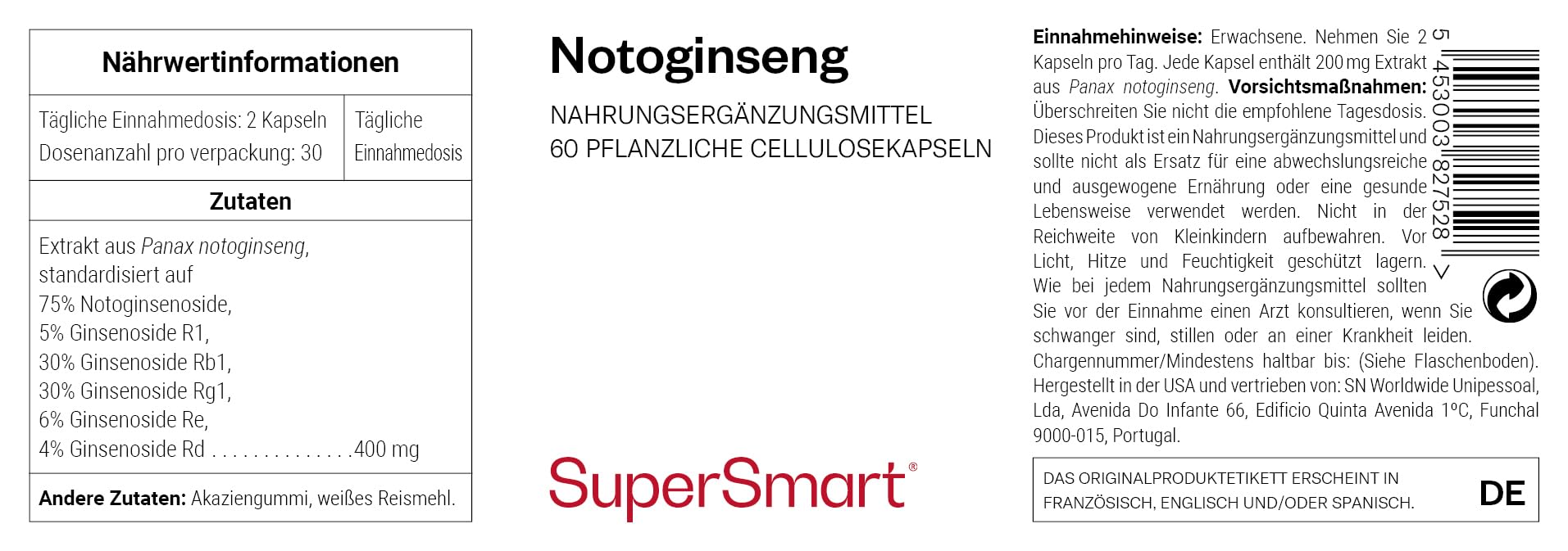 SuperSmart - Notoginseng - Standardisiert auf 80% Notoginsenoside - Unterstützt ein gesundes Herz-Kreislauf-System - Antioxidans | Nicht GVO - 60 vegetarische Kapseln