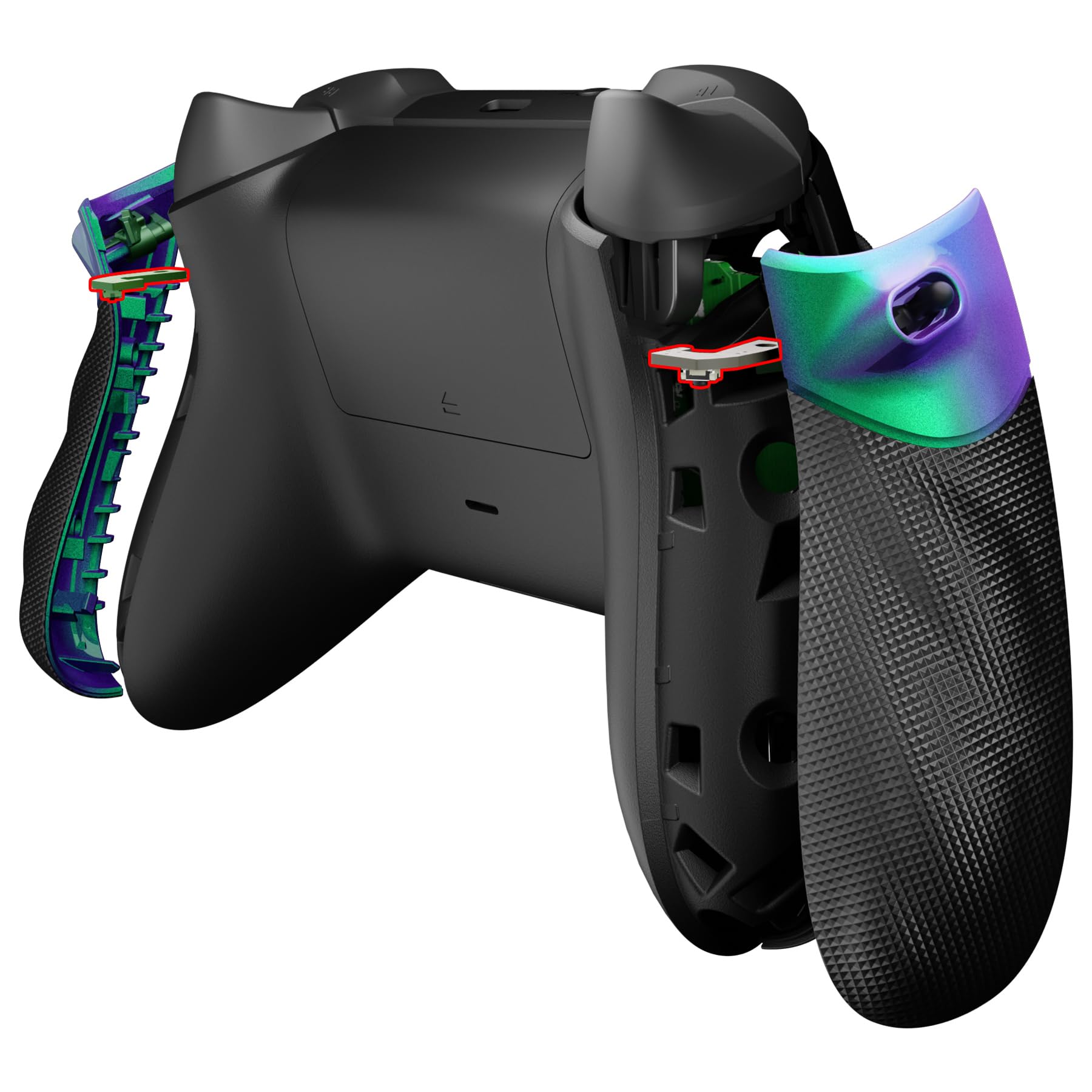 eXtremeRate Flexor Clicky Grip Trigger Stop Kit per Xbox Series X/S Controller,Cover Gomma Impugnatura Ergonomica Trigger Stopper per Xbox Series X/S Joystick-Camaleonte Verde Viola