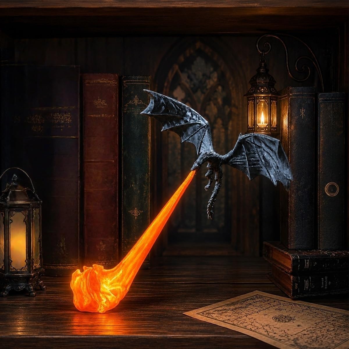 LKHYUKU Dragon Bookshelf Nook Light, 3D Printed Fire-Breathing Fantasy Shelf Decor | Flying Dragon Design | Red or Blue Flame | Large & Small Options | Book Lover Gift | Halloween Shelf Display