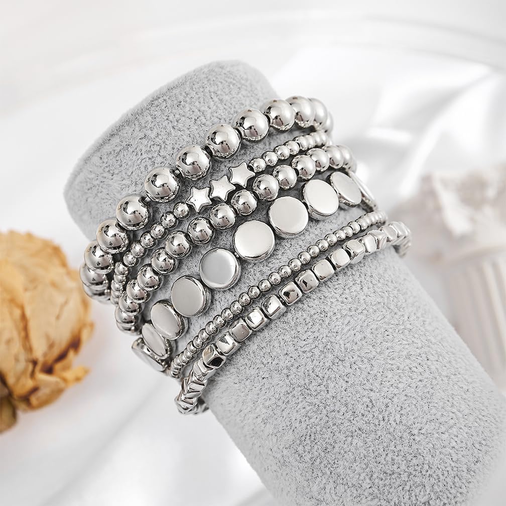 6Pcs Gold Star Balls Beaded Bracelets Set for Women Fashion Stackable Stretch Round Bead Bangles Coin Statement Bracelet Vintage Hippie Elastic Jewelry - Image 7