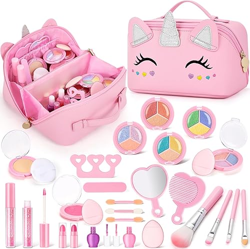 Kit de maquillaje lavable para niñas con bolsa de cosméticos, 29 piezas, juego de maquillaje real no tóxico para niños pequeños, juguetes de