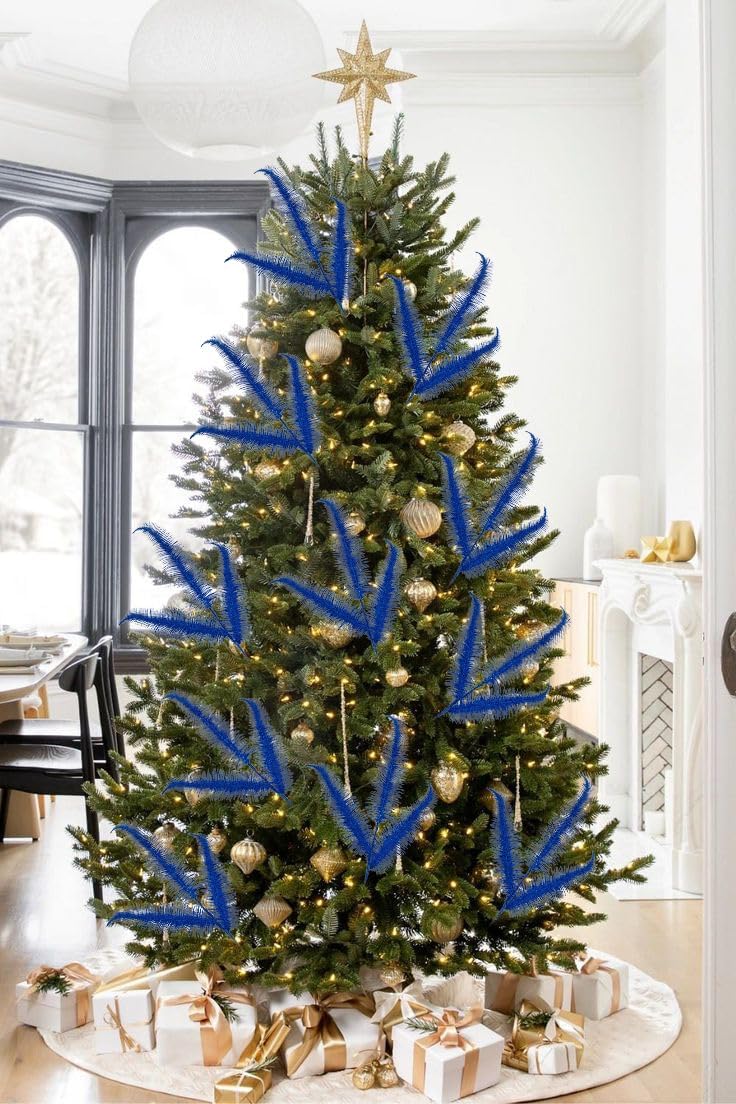 Oairse 8 Pcs Christmas Tree Picks and Sprays Navy Blue Glitter Christmas Picks 28" Christmas Glitter Feathers Leaves Stems for Christmas Tree Filler Branches Wreaths Centerpieces Holiday Decorations