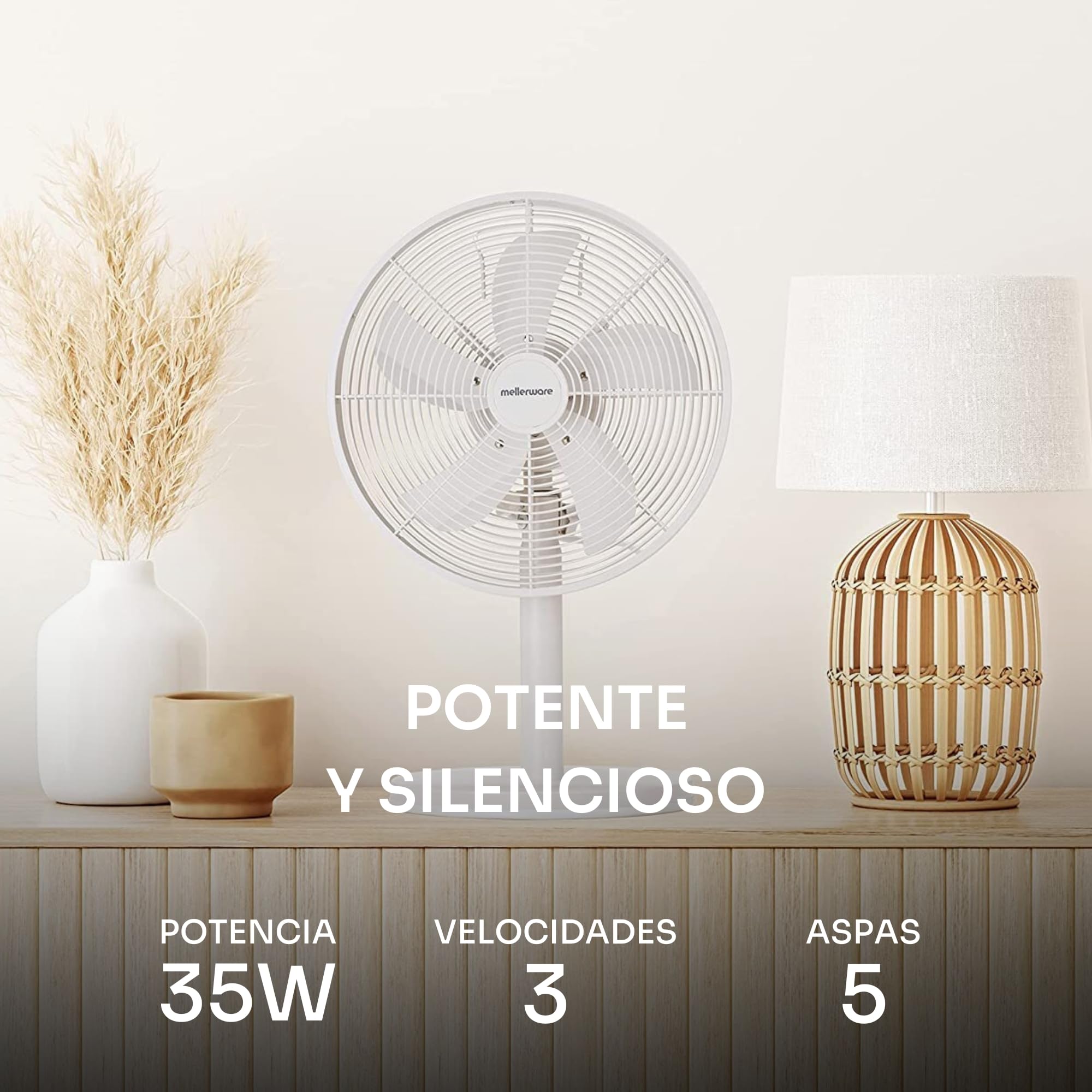 Mellerware Ventilador de Sobremesa Brizy Circle | 35W de Potencia | Oscilante | 3 Velocidades | 5 aspas metálicas 30 cm Diámetro | Aluminio | Caudal de aire fresco | Fácil transporte | Blanco