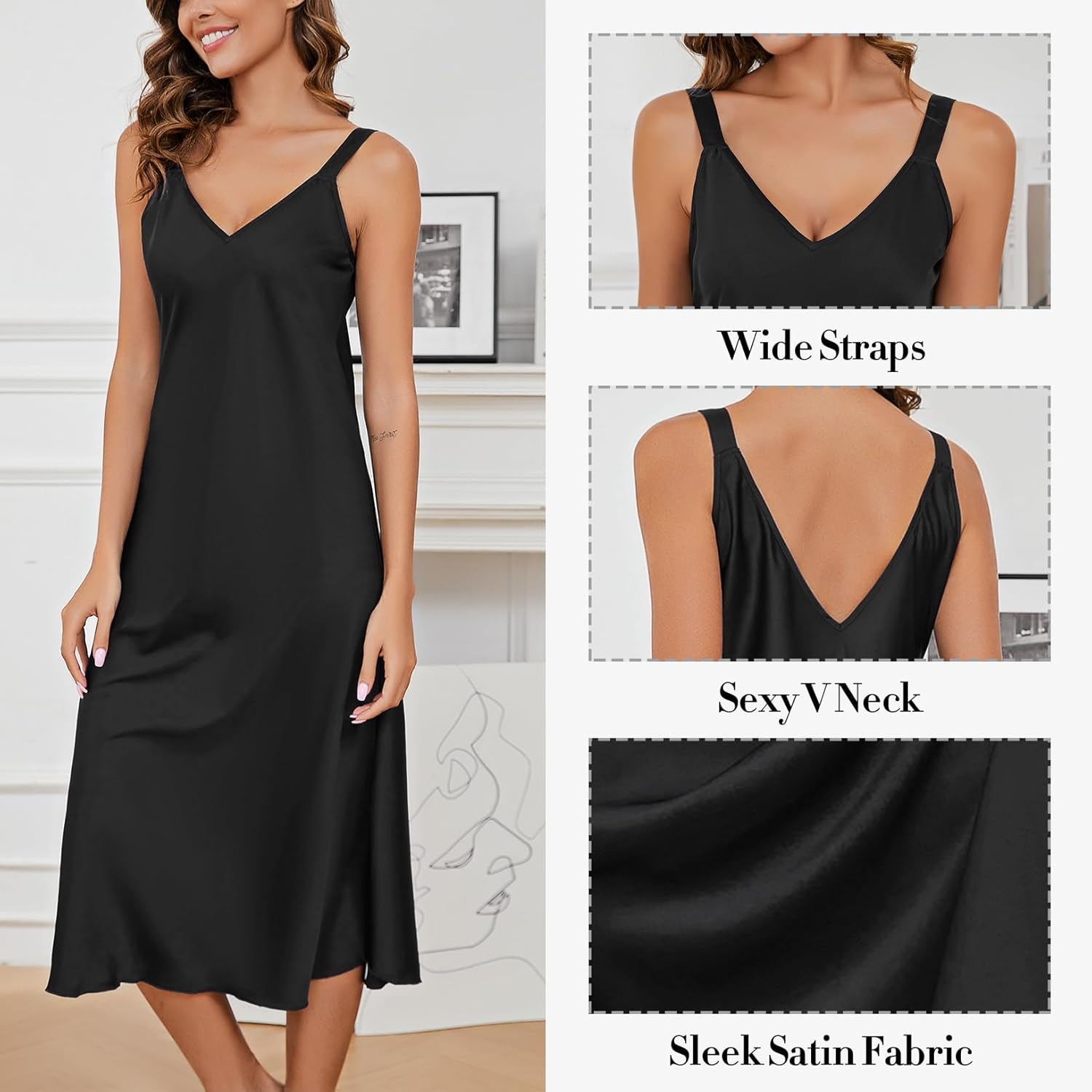 Women Long Satin Nightgown Silk Slips Dress Sexy V Neck Sleepwear Sleeveless Nightshirt Wide Strap Chemise - Image 5
