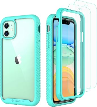 CellEver Clear Full Body Case for iPhone 11, Heavy Duty Protection with Anti-Slip TPU Bumper and [2 Tempered 9H Glass Screen Protectors] Shockproof Transparent Phone Cover 6.1 Inch Mint