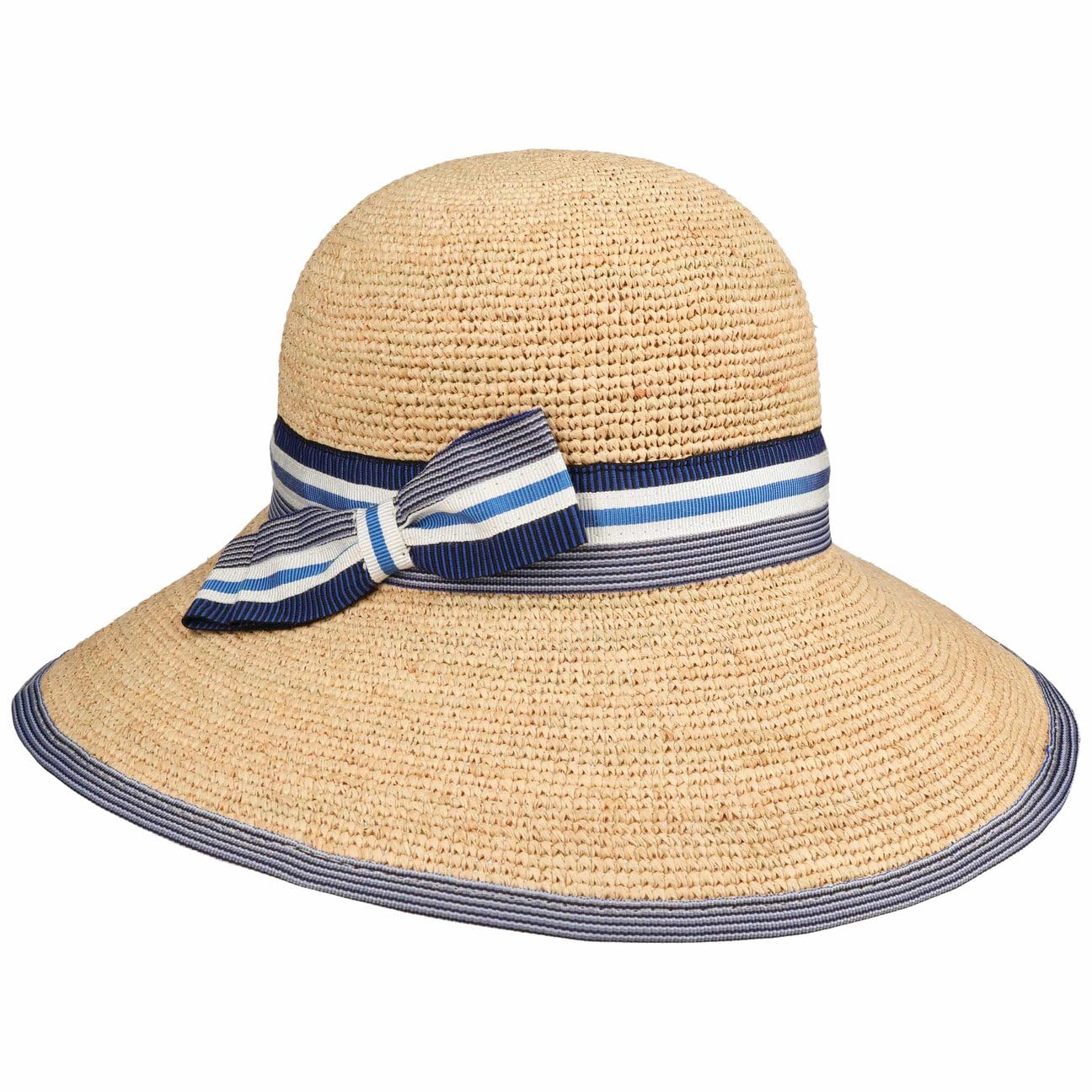 Mialina Crochet Raffiahut Glockenhut Schlapphut Sombrero de paja para mujer, sombrero de verano, sombrero de sol para mujer, hecho en Italia con forro, cinta de grogrén, primavera-verano