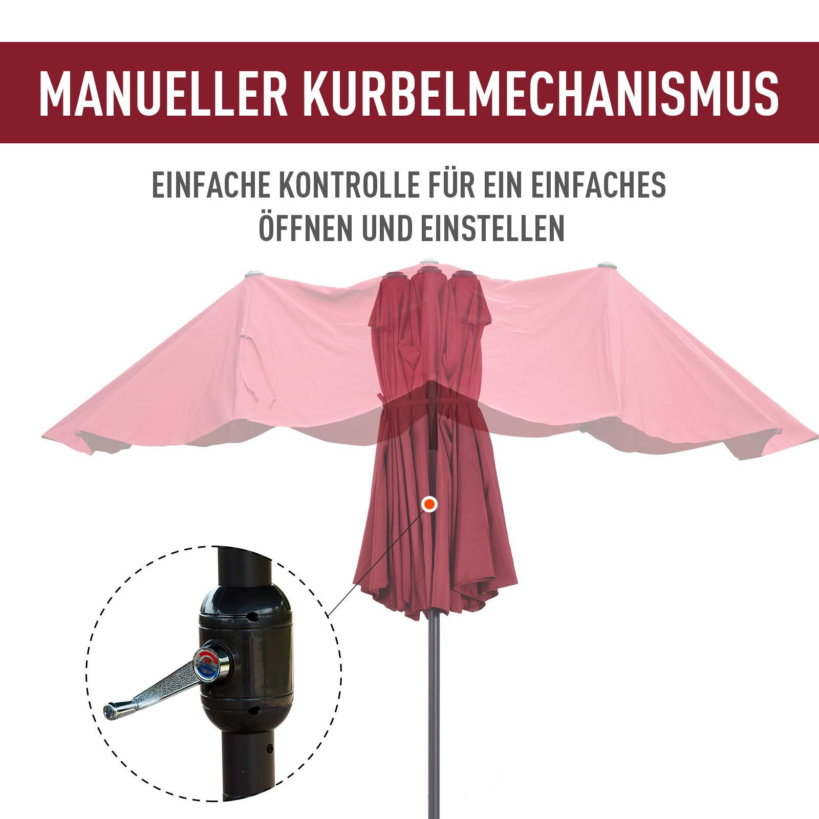 Outsunny Doppelsonnenschirm 455 x 265 cm, UV Schutz Sonnenschirm mit Handkurbel, Balkonschirm windfest Kurbelschirm Sonnenschutz für Balkon Garten