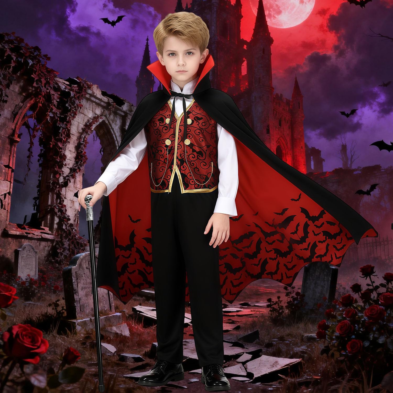 Costume de vampire pour enfant, garçon, gothique, royal, médiéval, gothique, pour carnaval, fête d'anniversaire, avec accessoires de luxe, canne de vampire, phosphorescente dans le noir,