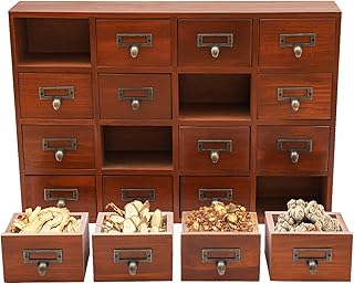 Traditional Card Catalog Desk Drawer Organizer, Vintage 16 Drawers Apothecary Cabinet, Rustic Herb Organizer with Drawers Wooden (Brown)