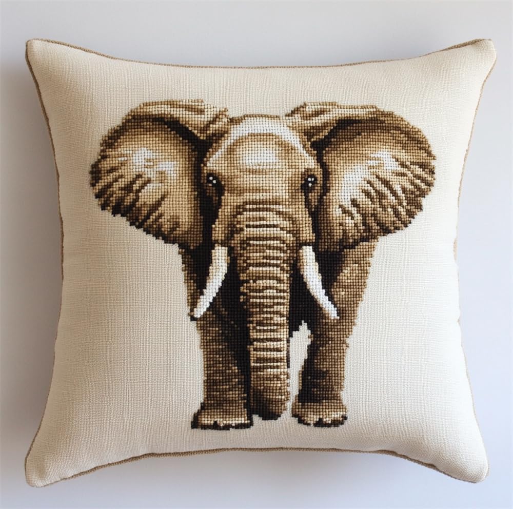 Cross Stitch Pillow Kit Elephant 17.7X17.7In(45X45Cm) Cushion Kit Needlepoint Craft Set Cushion Kit Pre Printed Handmade Cushion Cover Kit Stitched Cushion Kit Decorative For Adults Beginner