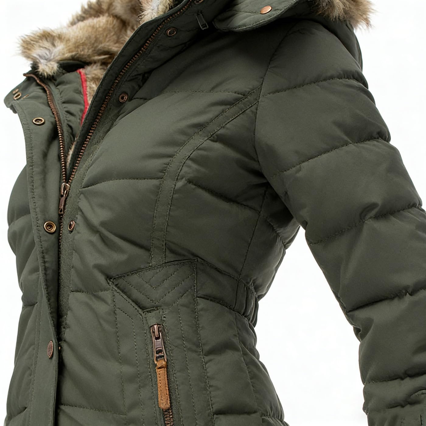 Manteau d'hiver pour femme - Veste matelassée chaude doublée avec capuche en fourrure synthétique, veste d'hiver cintrée avec fermeture éclair, long manteau à capuche pour femme, pour le