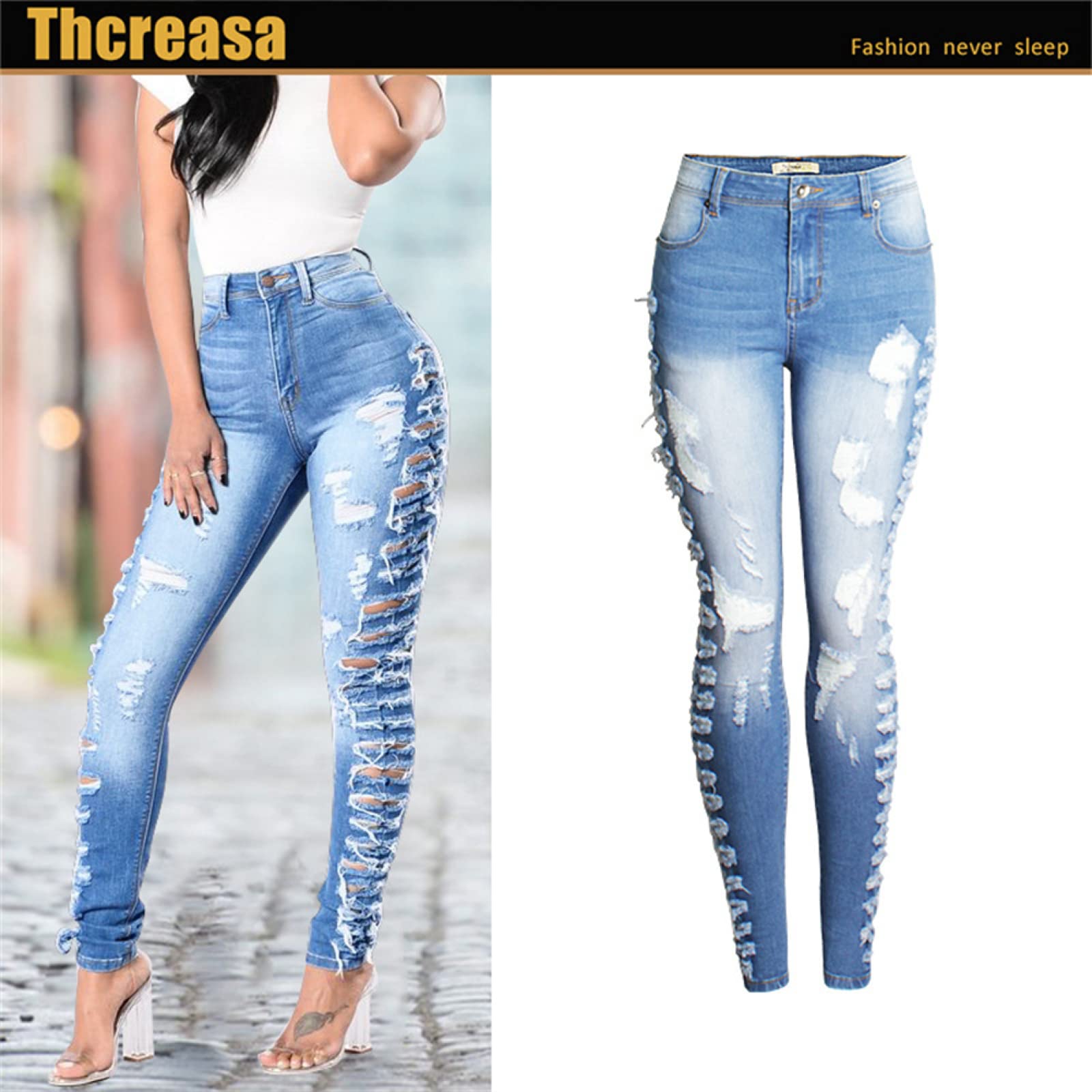 Ropa De Mujer Jeans con Agujeros, Corte Ajustado, Jeans Elásticos Y Pierna Pequeña.