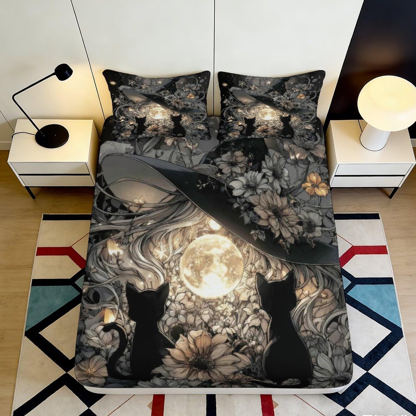 3D Printed Moonlight Cat Fitted Sheet Microfiber Soft Black Floral Bed Cover for Bedroom Guest Room Decor 90x200x25cm