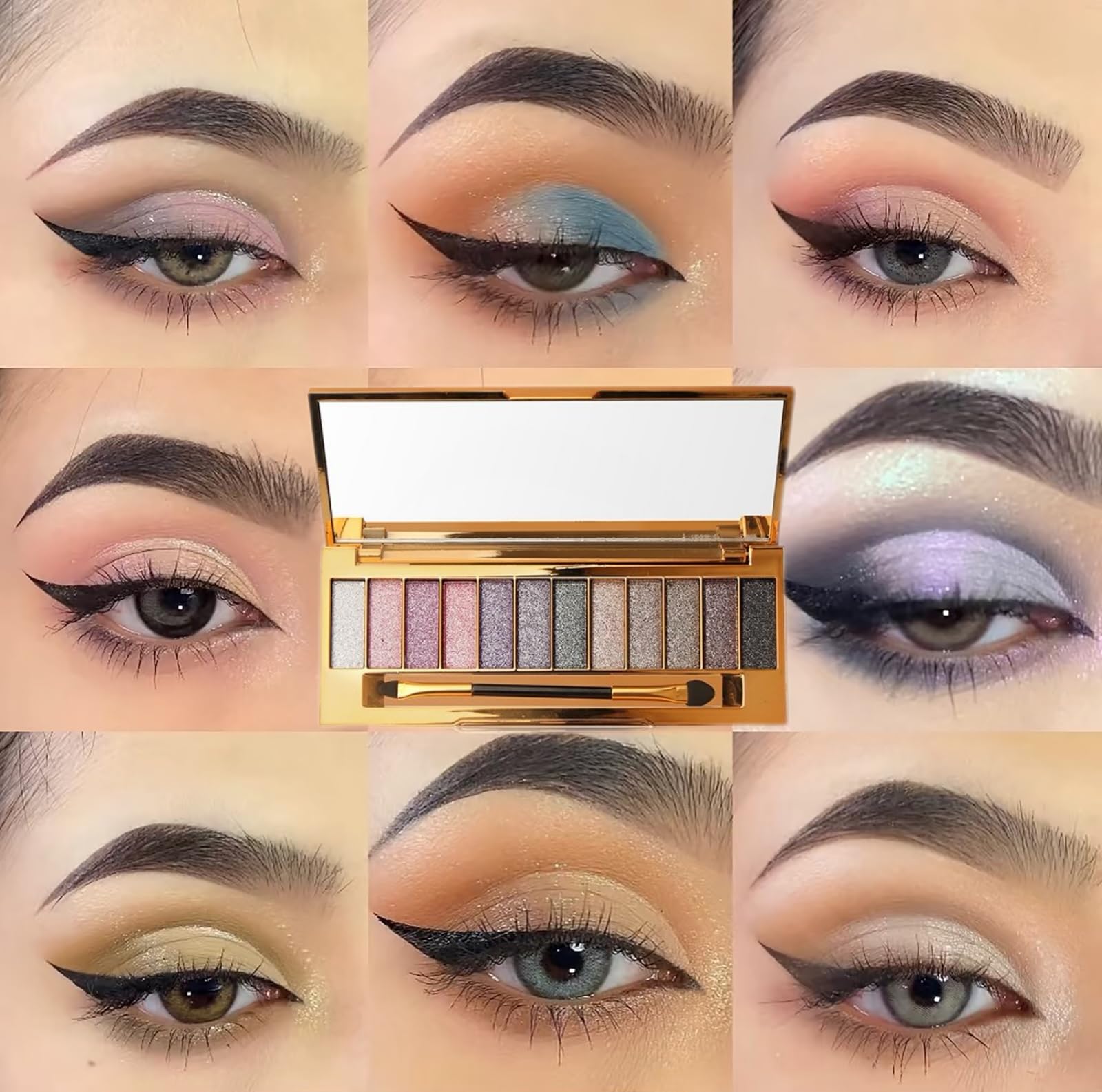 Paleta de sombras de ojos con purpurina, 12 colores, impermeables, brillantes, paletas de maquillaje con espejo de pincel, paleta de sombras de ojos pigmentadas altamente brillantes para citas, 4
