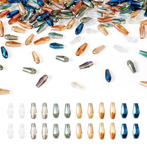 Beadthoven 120pcs Faceted Glass Teardrop Beads 9-10x4mm Straight Hole Crystal Spacer Beads Colorful Teardrop Glass Loose Beads Half Plated Waterdrop Glass Beads for DIY Earring Necklace Jewelry Making - Teardrop-Multicolor
