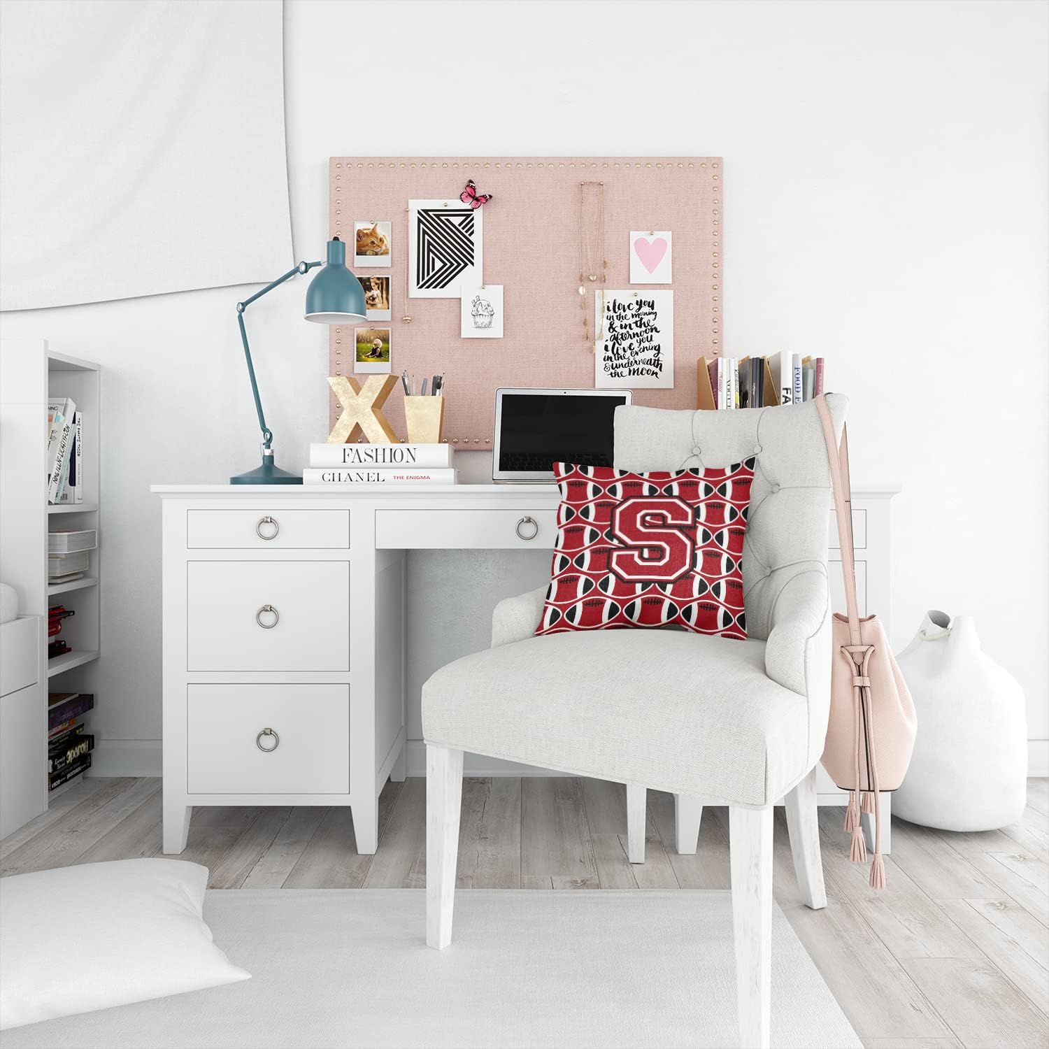 Caroline's Treasures CJ1073-SPW1414 Letter S Football Red, Black and White Fabric Decorative Pillow 100% Machine Washable Pillow, Indoor or Outdoor Decorative Throw Pillow for Couch, Bed or Patio