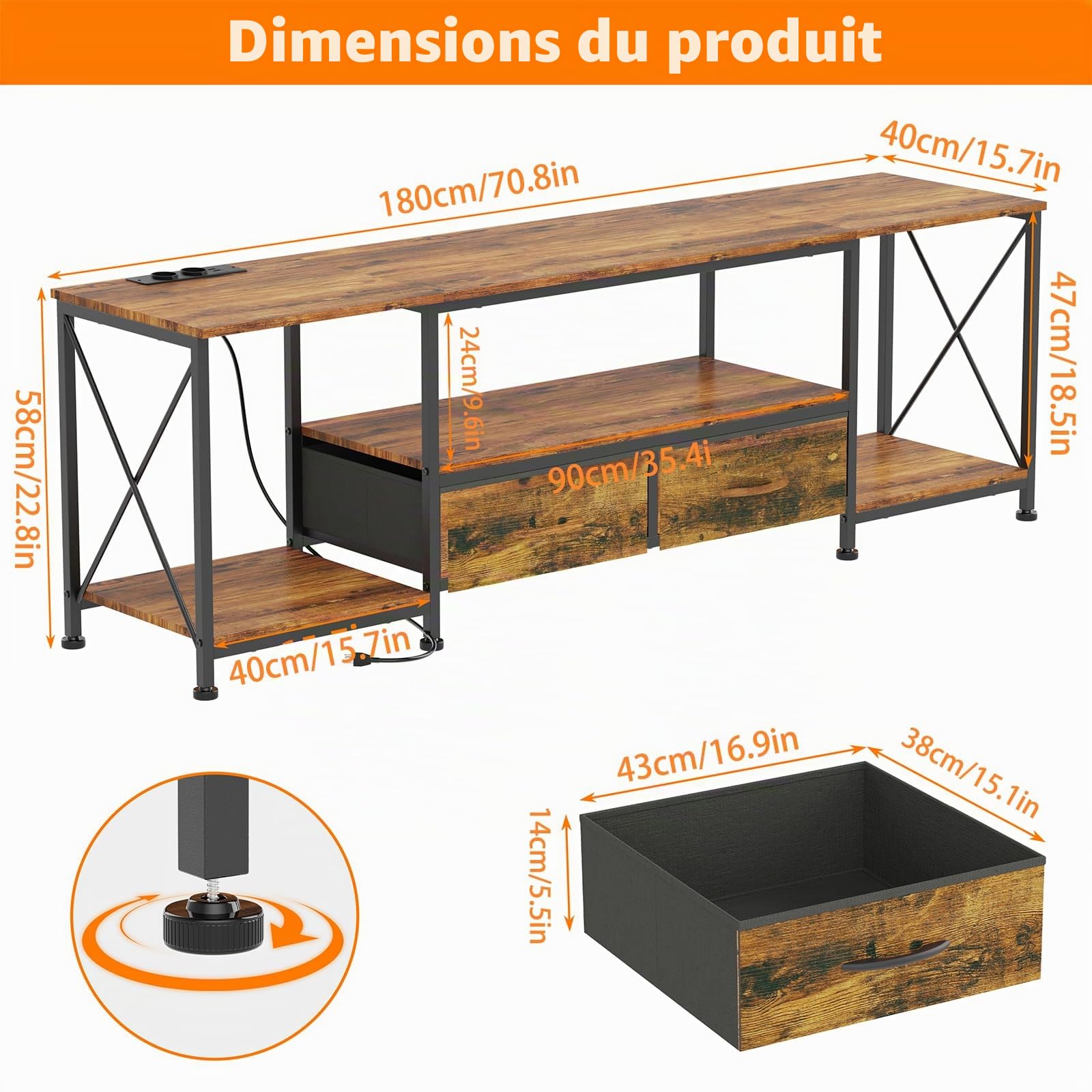 Meuble TV avec Lumières LED Armoire de Télévision avec Prise Meuble Télé de Salon per Téléviseur 75 Pouces 180cm Banc TV Armoire Basse per Salon, Chambre Marron