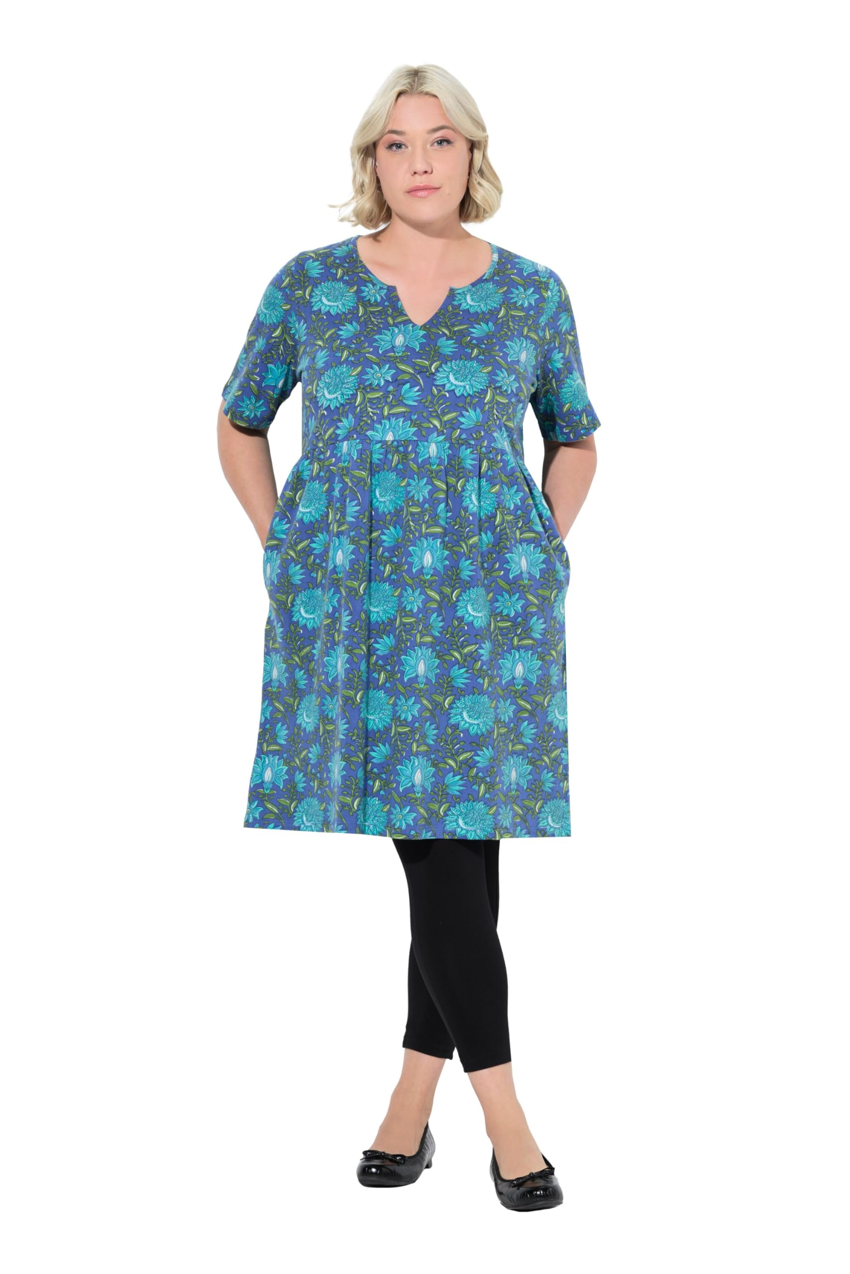 Ulla Popken Damen große Größen Übergrößen Plus Size Longshirt, Blüten, V-Ausschnitt, Halbarm, Taschen 837116