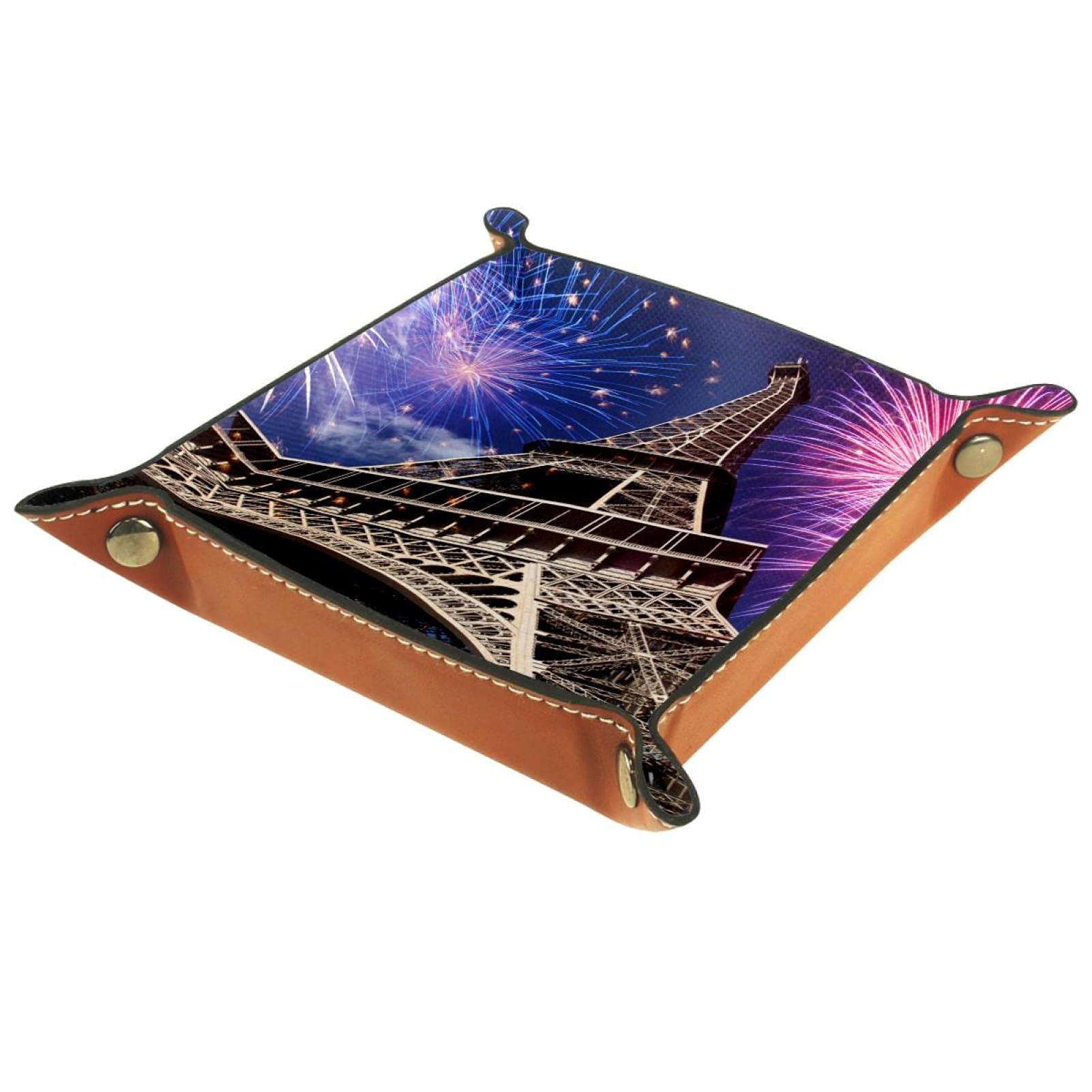 Leather Tray Small Storage Box Mens Valet Tray 5.7x5.7 Inch Key Bowl for Coin Watch Jewelry, Firework and Eiffel Tower