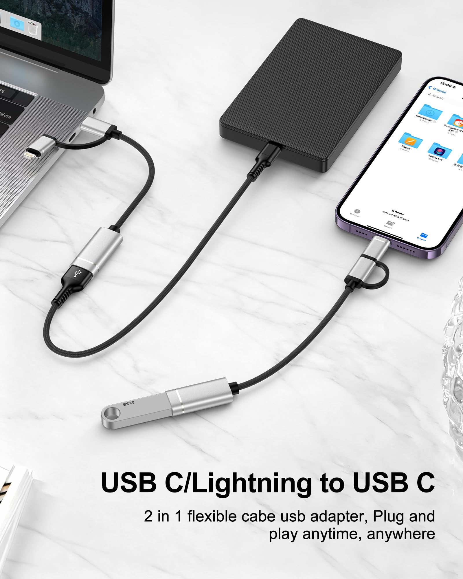 Adattatore 2 in 1 da USB C/Lightning a USB 3.0, cavo adattatore da USB a USB C OTG, 5 Gbps ad alta velocità trasferimento dati Lightning OTG compatibile con iPhone 17/16/15/14/13/12/11 Pro, Galaxy S25
