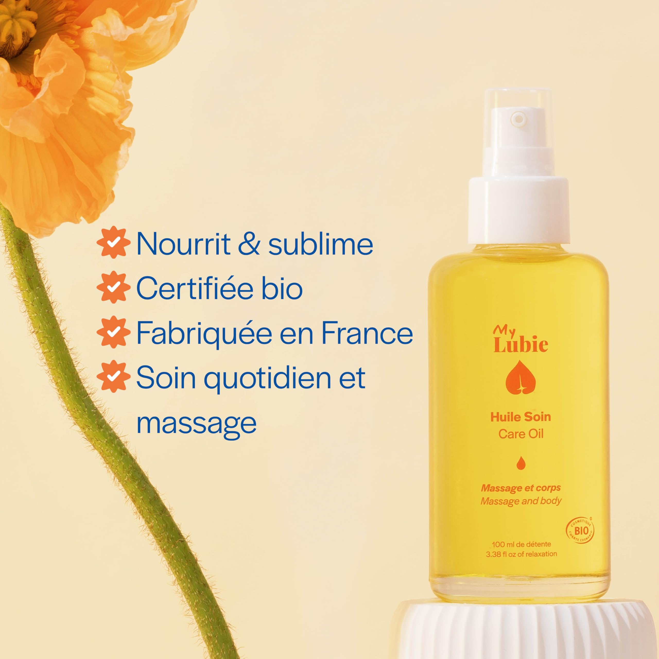 MY LUBIE - Huile de Massage Biologique - Massage Relaxant - Huile Nourrissante et Hydratante - Fabriquée en France - Parfum Léger et Hypoallergénique -100 ml