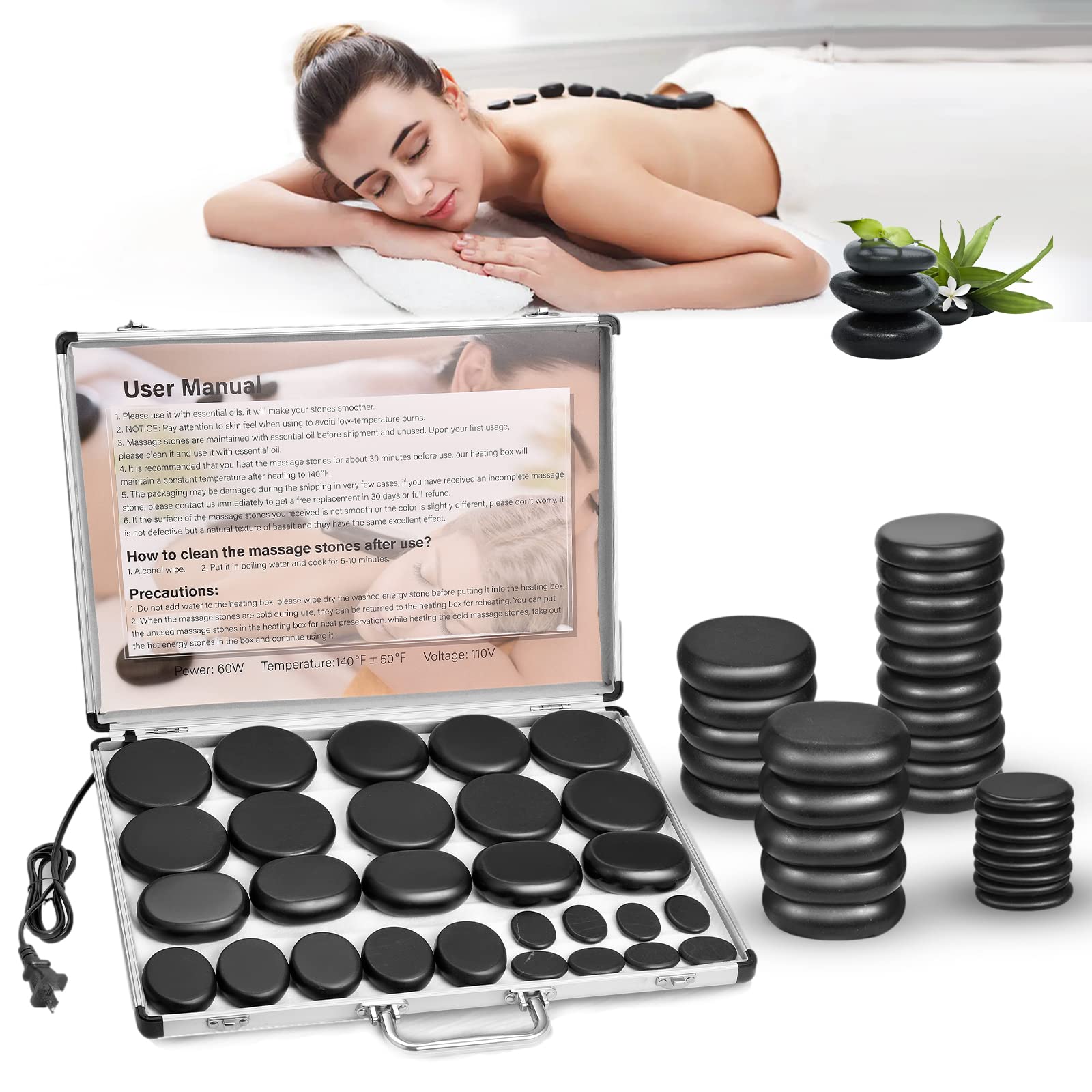 Hot Stones Massage Set, Electric Basalt Hot Stones with Heater Kit, for Professional or Home spa, Relaxing, Healing, Pain Relief (28 Pcs)