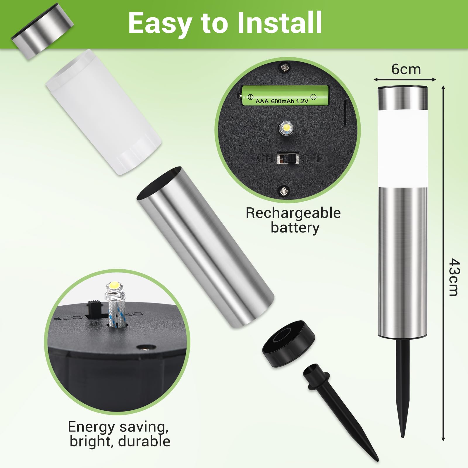 Warmweiß Solarlampen für Außen Edelstahl Solarleuchten Garten mit Schalter ein/ausIP45 Wasserdicht LED Gartenleuchten für Terrasse, Rasen, Garten, Wege, boden (4 Stück)