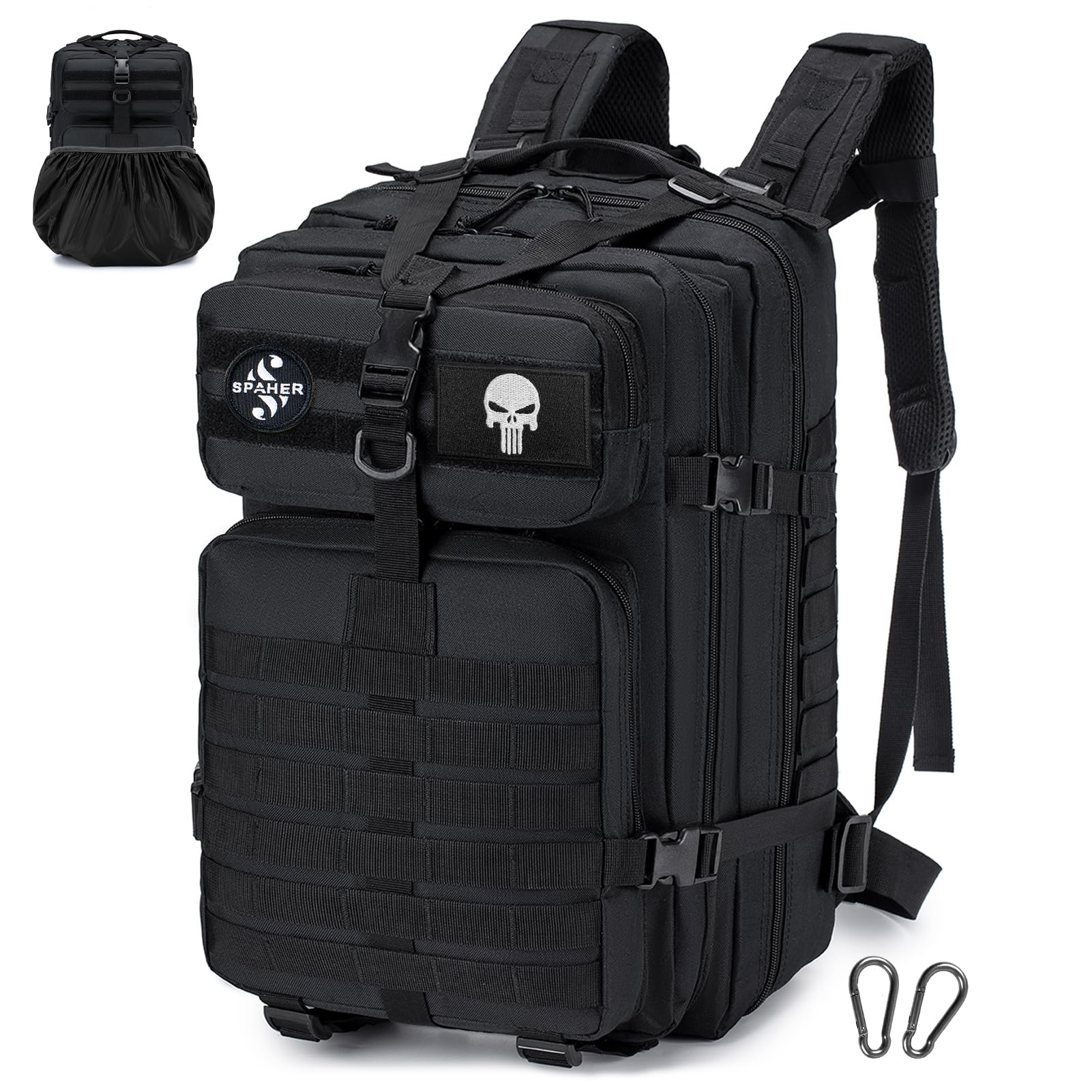 SPAHER 45L Sacs à Dos Tactique Militaire Armée Sac de Randonnée Trekking Survie Voyage Molle Étanche avec Une Housse Imperméable, Noir