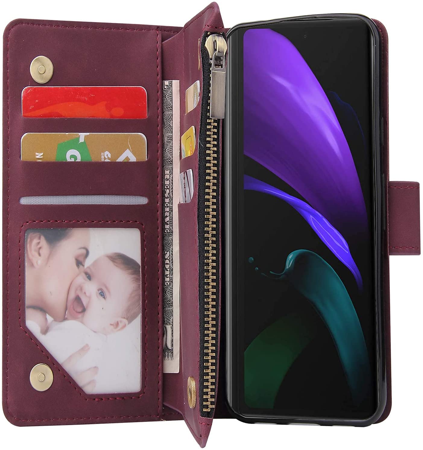 LBYZCASE Phone Case for Galaxy Z Fold 3 5G(2021),Galaxy Z Fold 3 Wallet Case,Luxury Folio Flip Leather Cover[Zipper Pocket][Wrist Strap][Kickstand] for Samsung Galaxy Z Fold 3 5G (Wine Red)