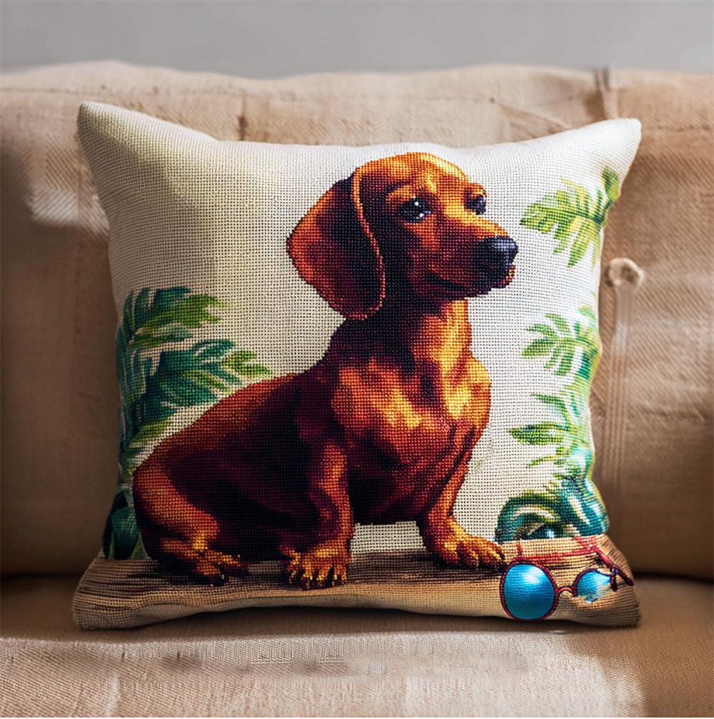 Henypt Stamped Cross Stitch Pillow Kits Dachshund Dog 17.7X17.7In(45X45Cm) 11Ct Pre-Printed DIY Cross Stitch Cushion Pillow Case Cover Embroidery Kit for Adults Needlepoint Handmade Cushion for HOM