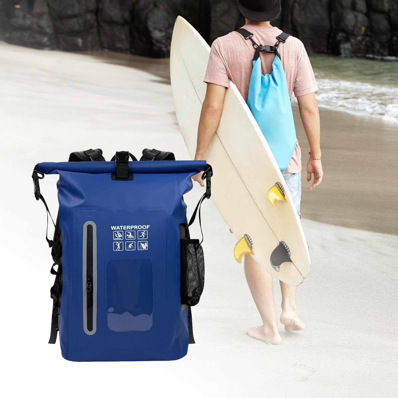 Qianly Wasserdichter Rucksack Outdoor Trockenbeutel Aufbewahrungstasche Schwimmen Segeln Leichtgewichtiger Packsack aus PVC für Camping Bootfahren, Blau
