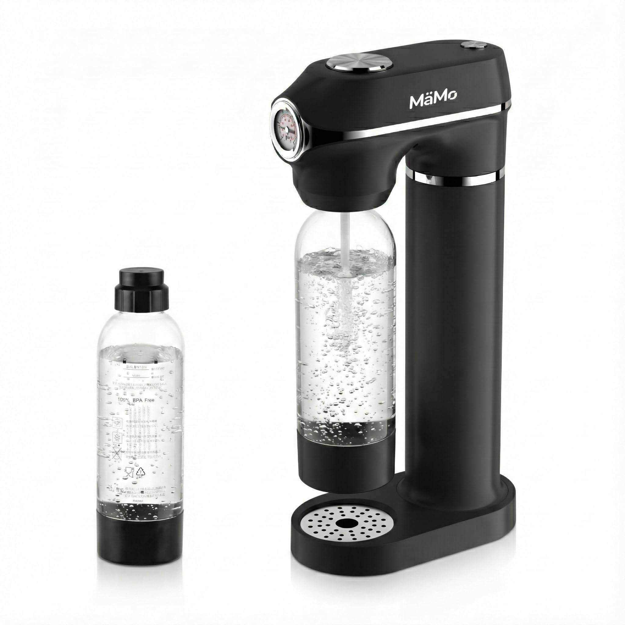 Wassersprudler Set - Kunststoff, Manometer, 2 Flaschen, Schwarz | Schwarz mit Manometer. Inkl. 1L & 0.5L PET-Flaschen (ohne CO2). Automatische Druckregulierung für frisches Sprudelwasser.