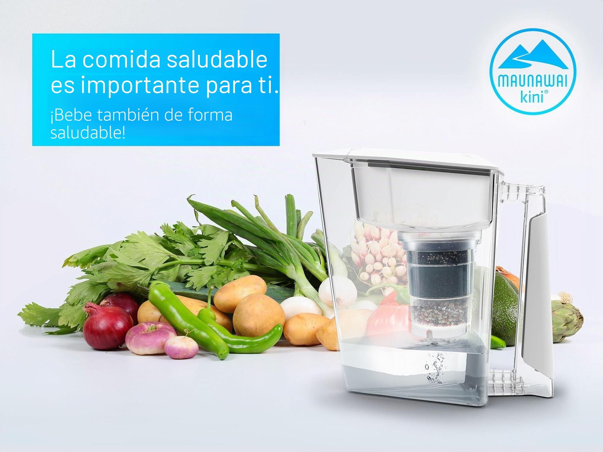 Filtro de agua MAUNAWAI® Premium Bio, incluye 1 jarra de agua + 1 cartucho filtrante y almohadilla de filtro (para 3 meses) - Blanco, filtro de agua potable + jarra con filtro